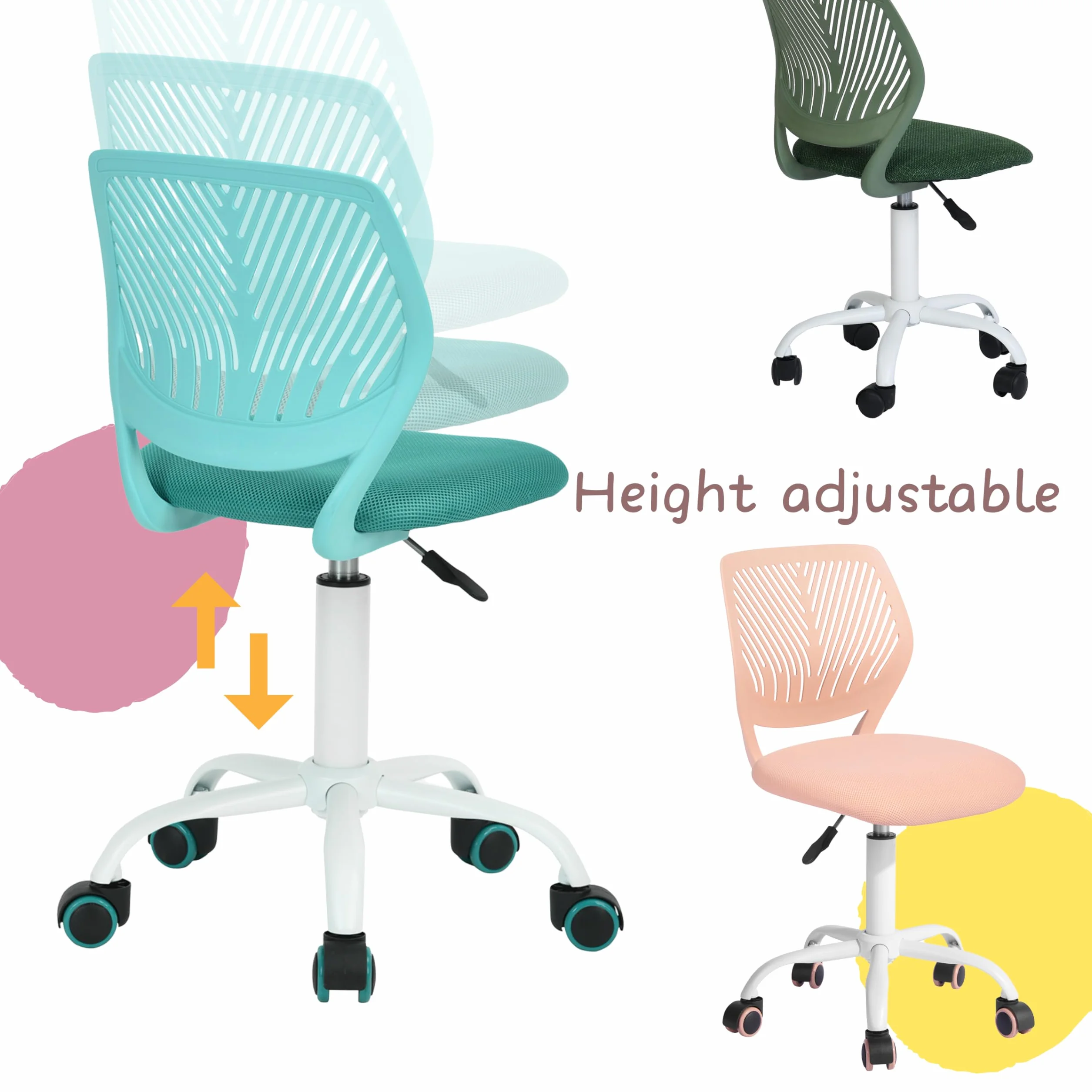 FurnitureR Krzesło gamingowe dla dzieci, krzesło biurowe, krzesło dla graczy, ergonomiczne, nowoczesne wzornictwo, bez rękawów, regulacja wysokości siedziska, gumowe kółka, zielone