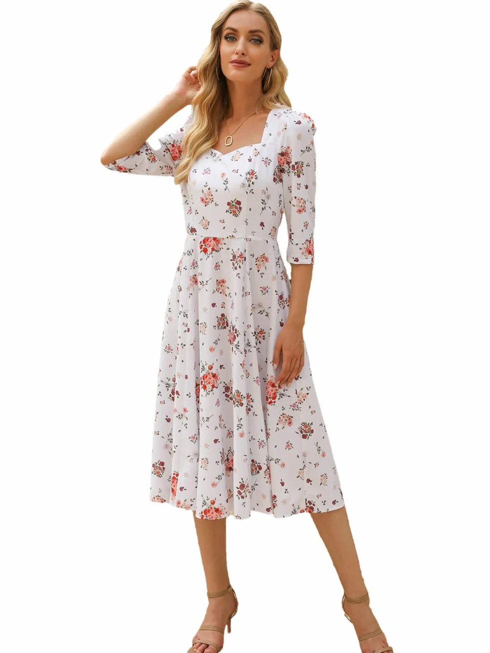 Damskie sukienki midi z nadrukiem kwiatowym kwadratowy kołnierz rękaw 3/4 linia A Party Vestidos styl francuski