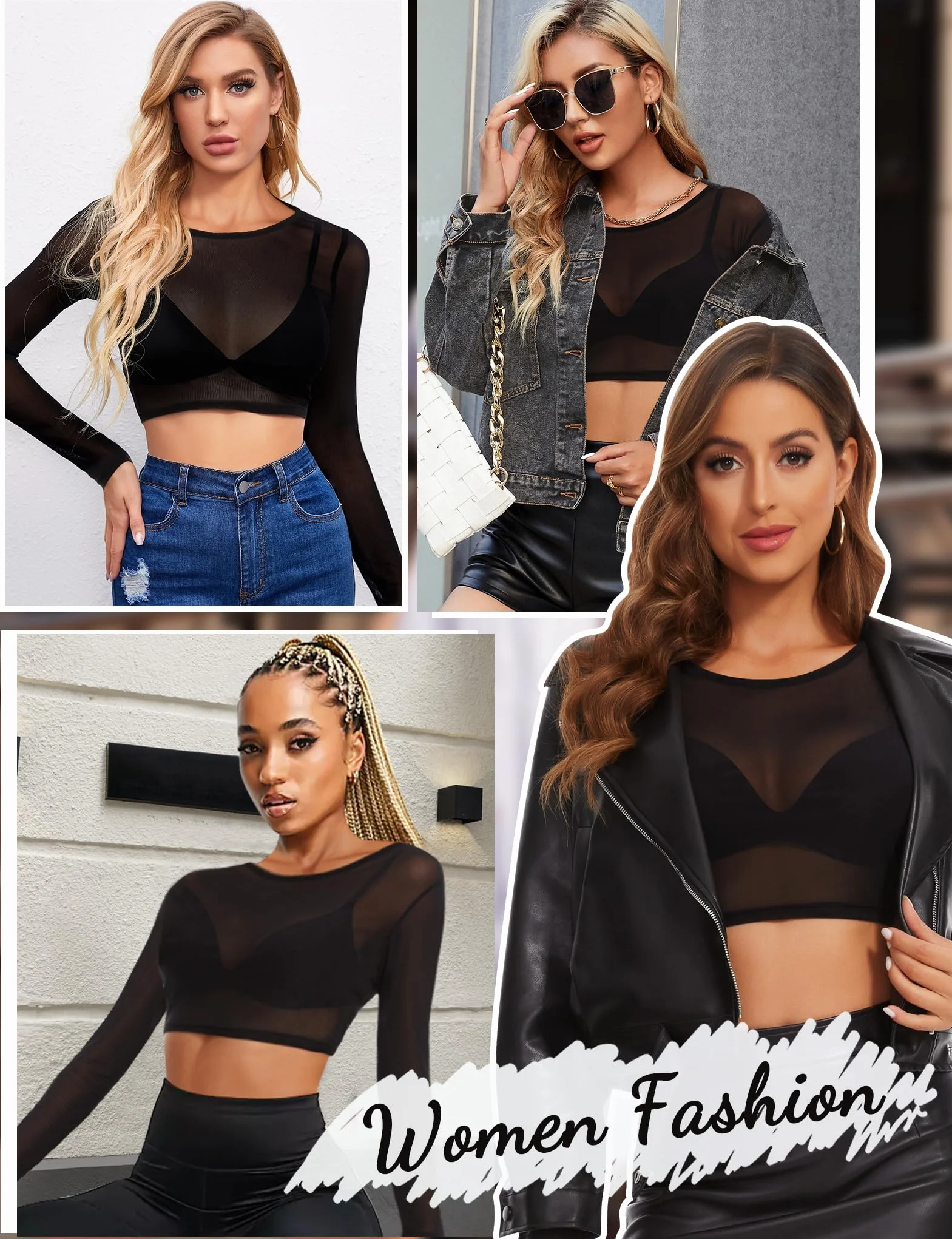 Kiiwah Damskie przezroczyste topy z długim rękawem seksowna bluzka sheer siatkowa przezroczysta koszulka krótki top z siateczki w kształcie litery O slim fit klubowa koszula tiulowa siatka top