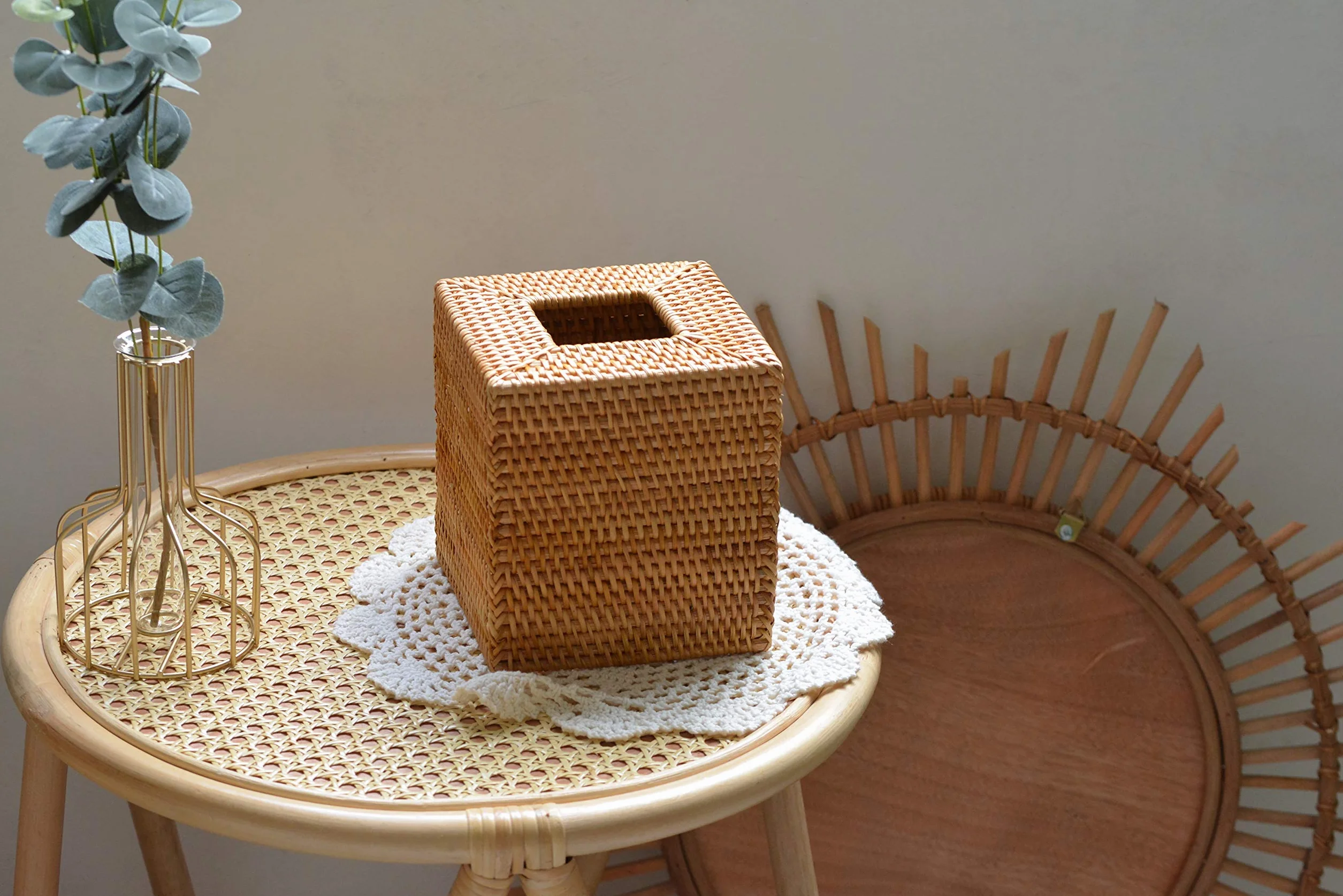 Rattanowe pudełko na chusteczki kosmetyczne naturalne kwadratowe 14 x 14 x 15 cm