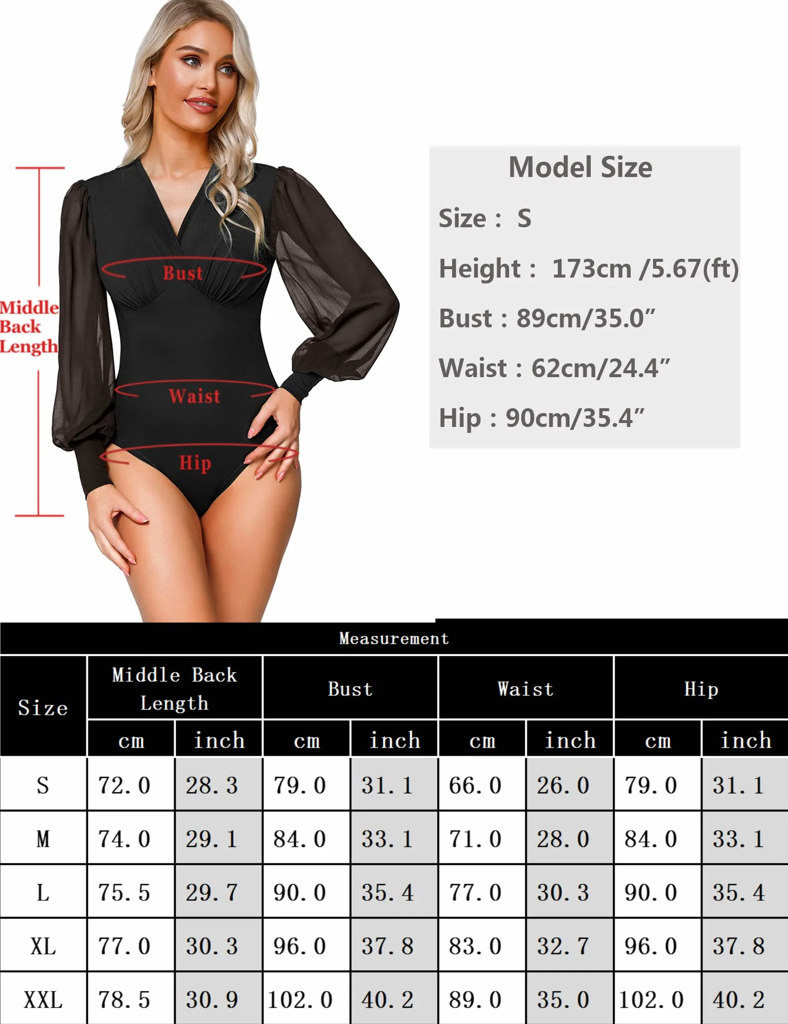 Litherday Damskie body z długim rękawem body z bufiastymi rękawami seksowna bielizna slim kombinezon bielizna modelująca wąski dekolt w serek elegancki casualowy