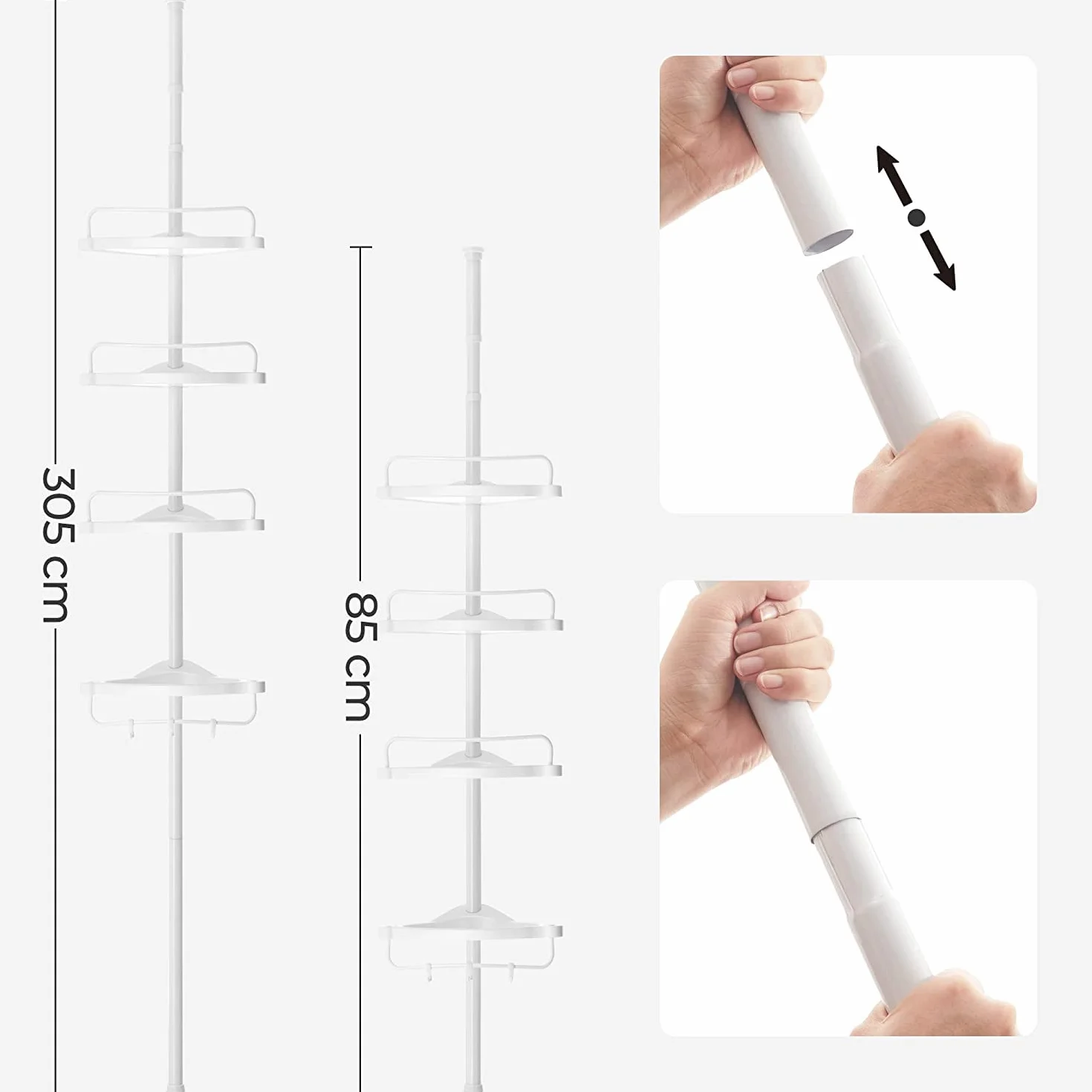 SONGMICS Półka pod prysznic, 85-305 cm regulowana wysokość, półka łazienkowa z 4 półkami, narożnik prysznicowy, bez wiercenia, biała BCB001A