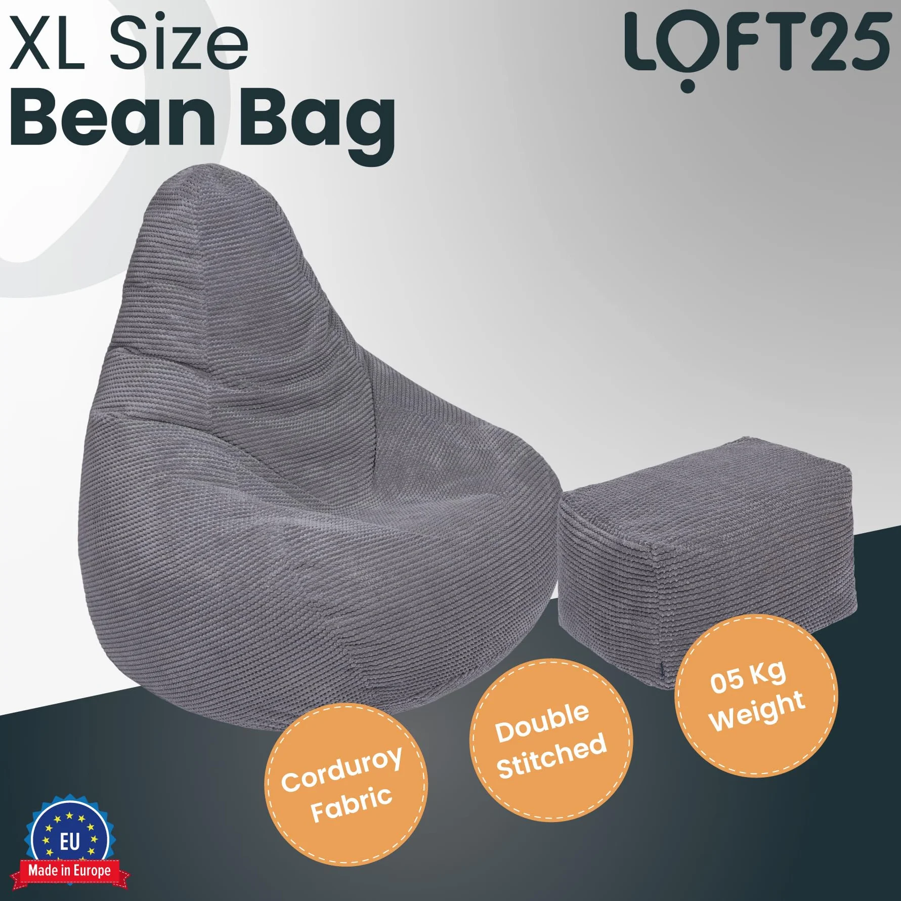 Loft 25 Krzesło do siedzenia z wysokim oparciem dla dorosłych, tkanina sztruksowa, do wewnątrz, do salonu, gamingowa, wewnętrzna wkładka, ergonomiczna konstrukcja dla wsparcia ciała (worek do