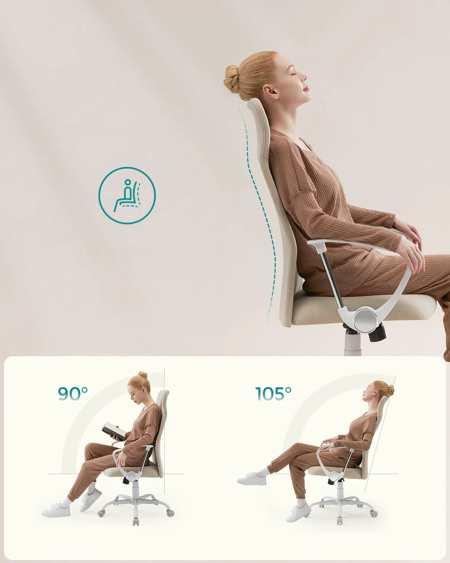 SONGMICS Fotel biurowy, ergonomiczne krzesło, obrotowe siedzisko, wyściełane siedzisko, regulacja wysokości i nachylenie, nośność 120 kg, beżowy Cappuccino OBN034K01