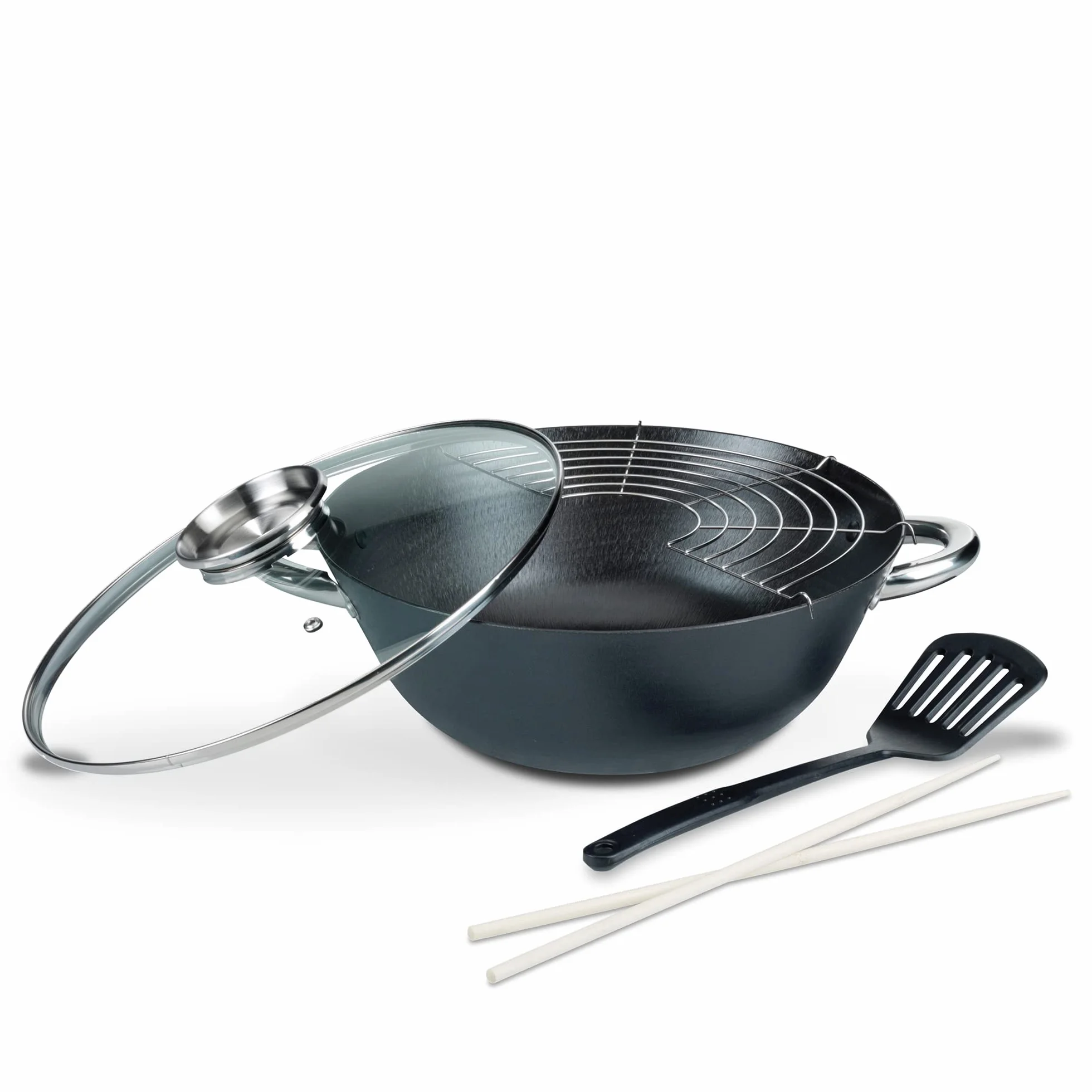 Garnek żeliwny do wok 32 cm 5-częściowy 6,2 l ze szklaną pokrywką czarny
