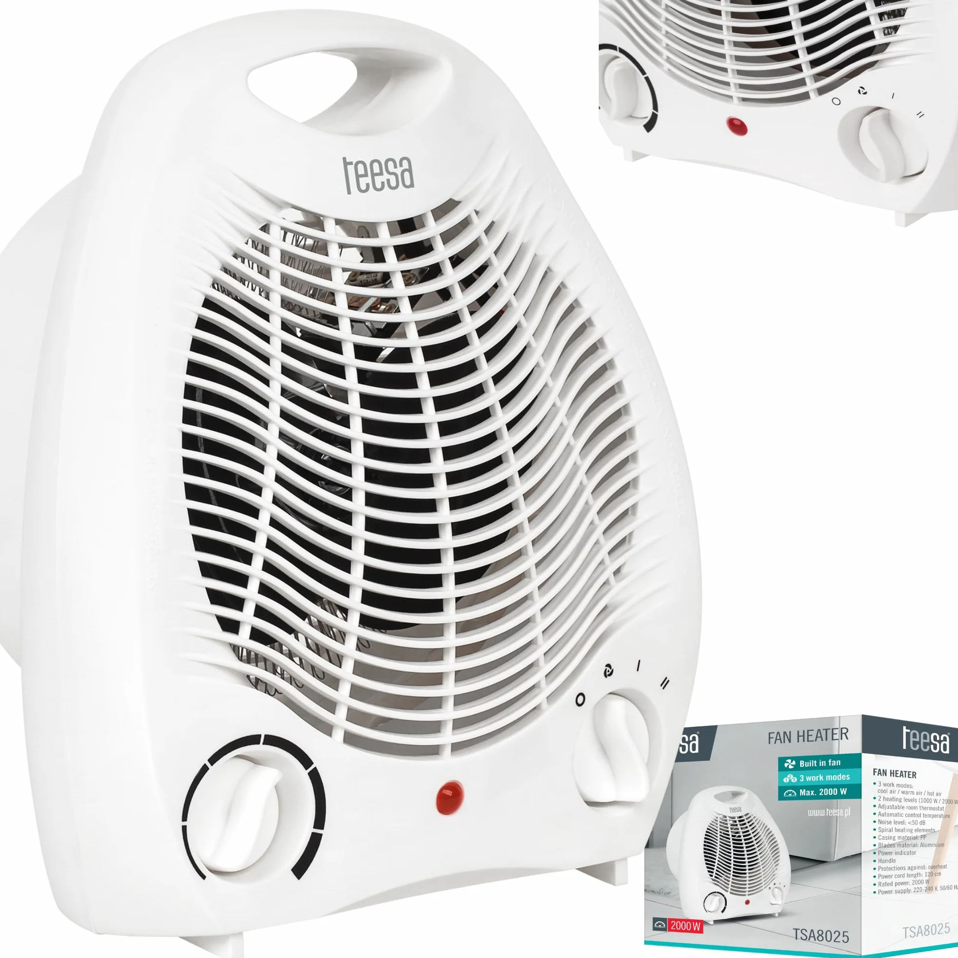 Teesa Termowentylator 1000W/2000W 3 Tryby Regulowany Termostat TSA8025