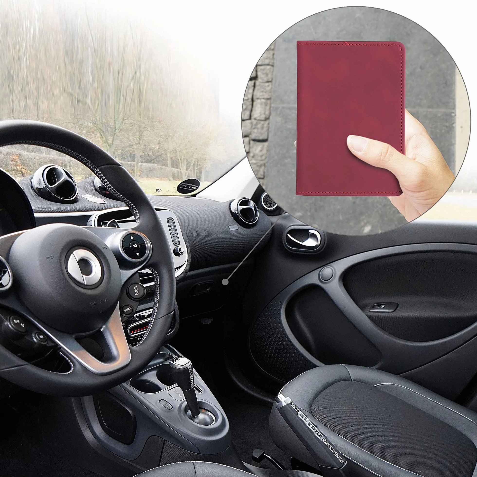 kwmobile Nabuk Skórzany Pokrowiec na Książkę Circulation Car - Etui na powiek z przegródkami na karty licencyjne - Ciemnoczerwona osłona na dokumenty