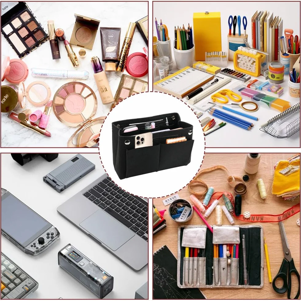 Filcowy Organizer do Torebki, 24 x 8 x 15 cm, Kieszeń Wewnętrzna z Wieloma Przegródkami (Czarny) | Filcowy organizer do torebki, organizer wewnętrzny, kieszeń wewnętrzna na torebki z wieloma przegródkami