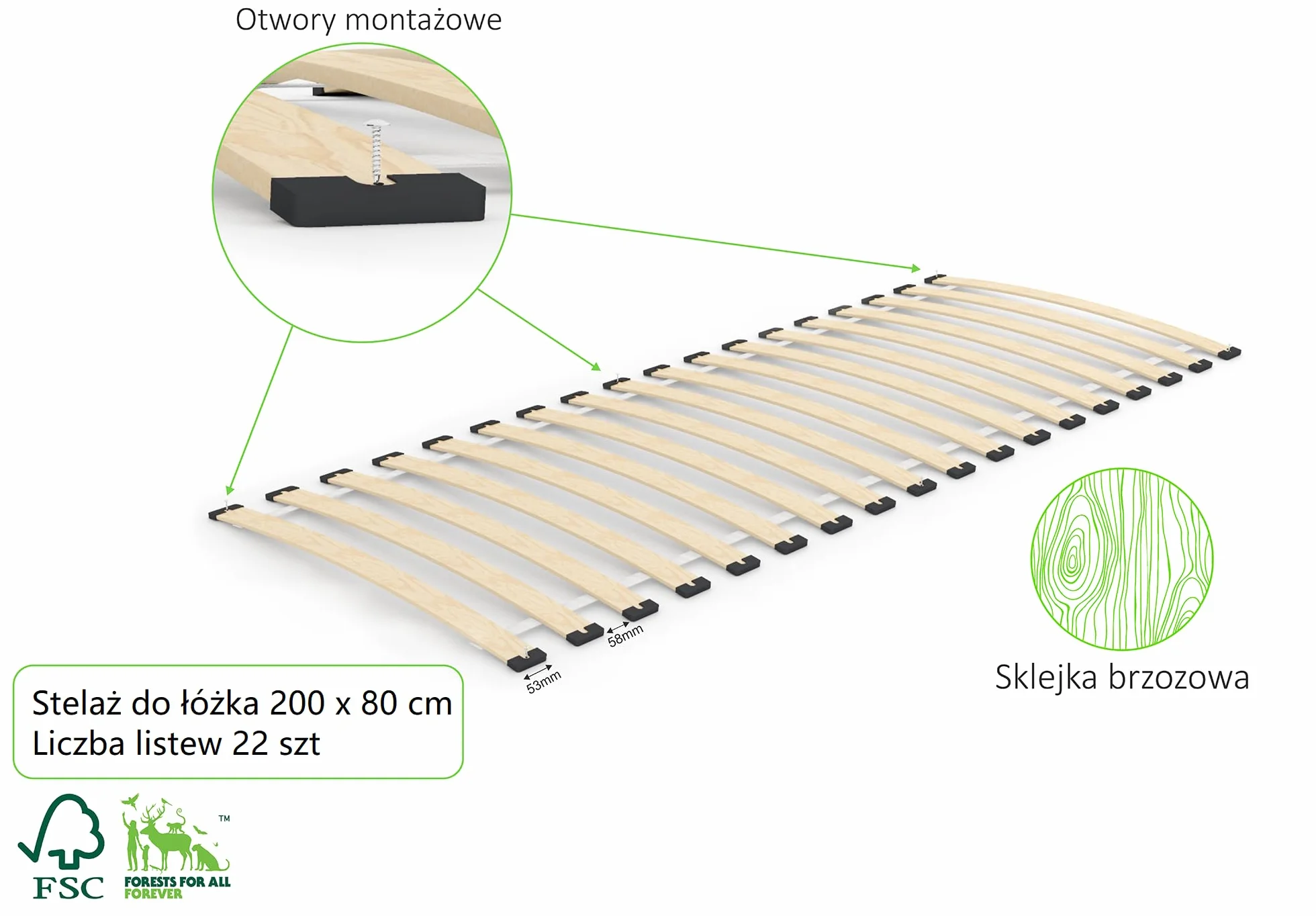 Stelaż wkład do łóżka 80x200 cm 22 listwy sprężynujące