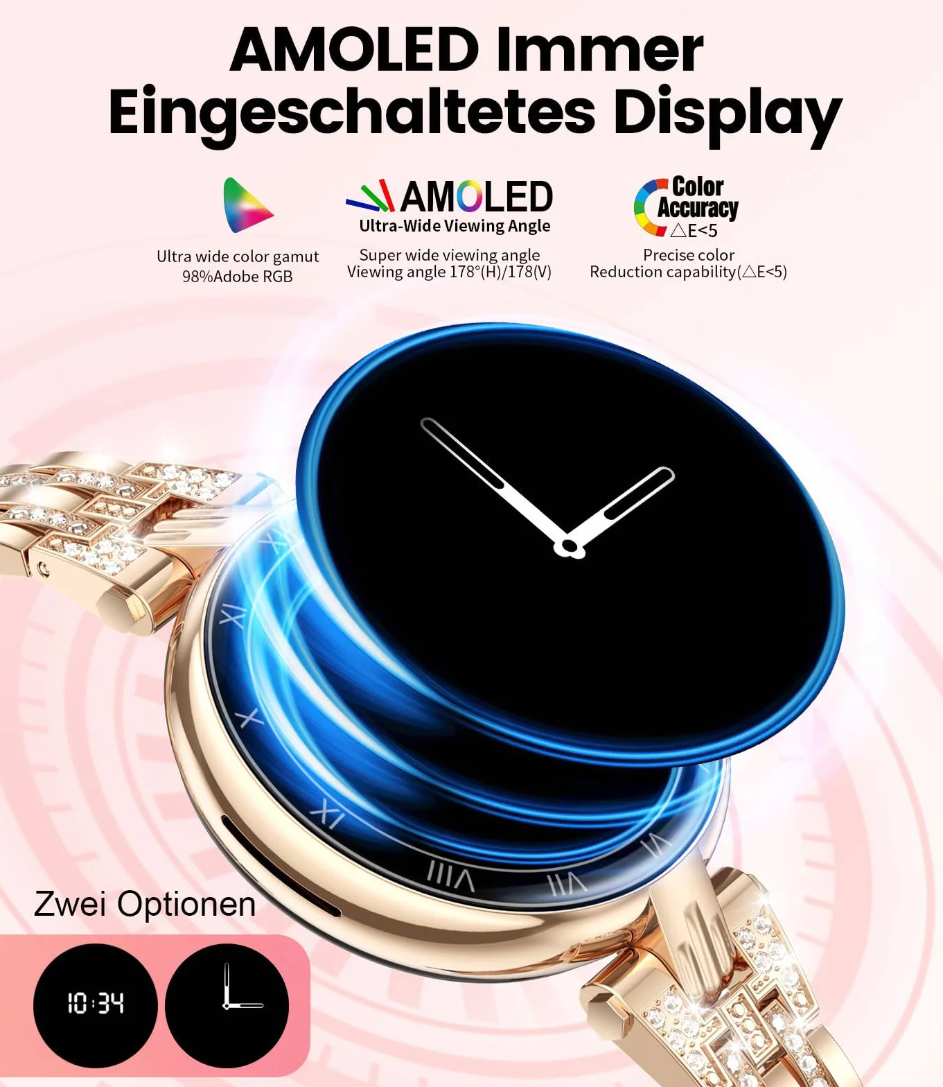 ESFOE Smartwatch damski z funkcją telefonu 1,16" AMOLED Always-On-Display, zegarek na rękę SML18