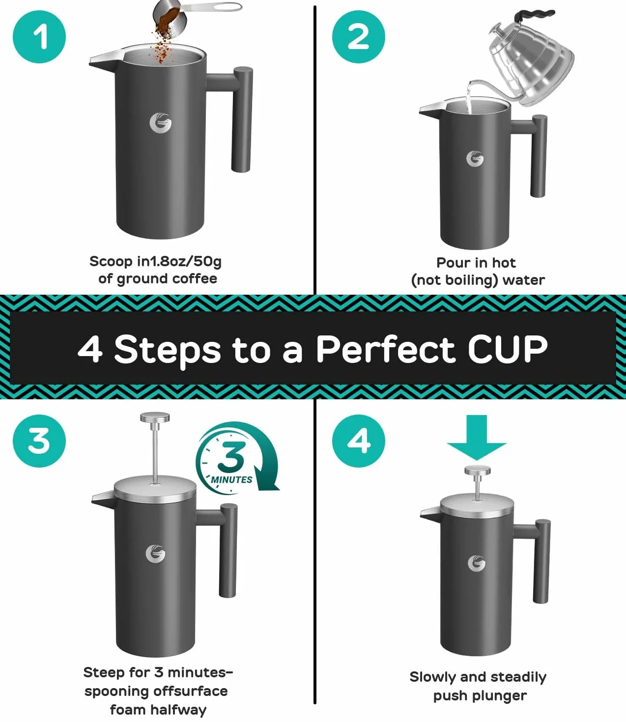 Coffee Gator Cafetiere French Press plus mini pojemnik na słoiki, izolowana prasa do kawy z podwójnymi ściankami z filtrem ze stali nierdzewnej, zaparzacz do herbaty na gorąco i zimno, 1 litr (4-8