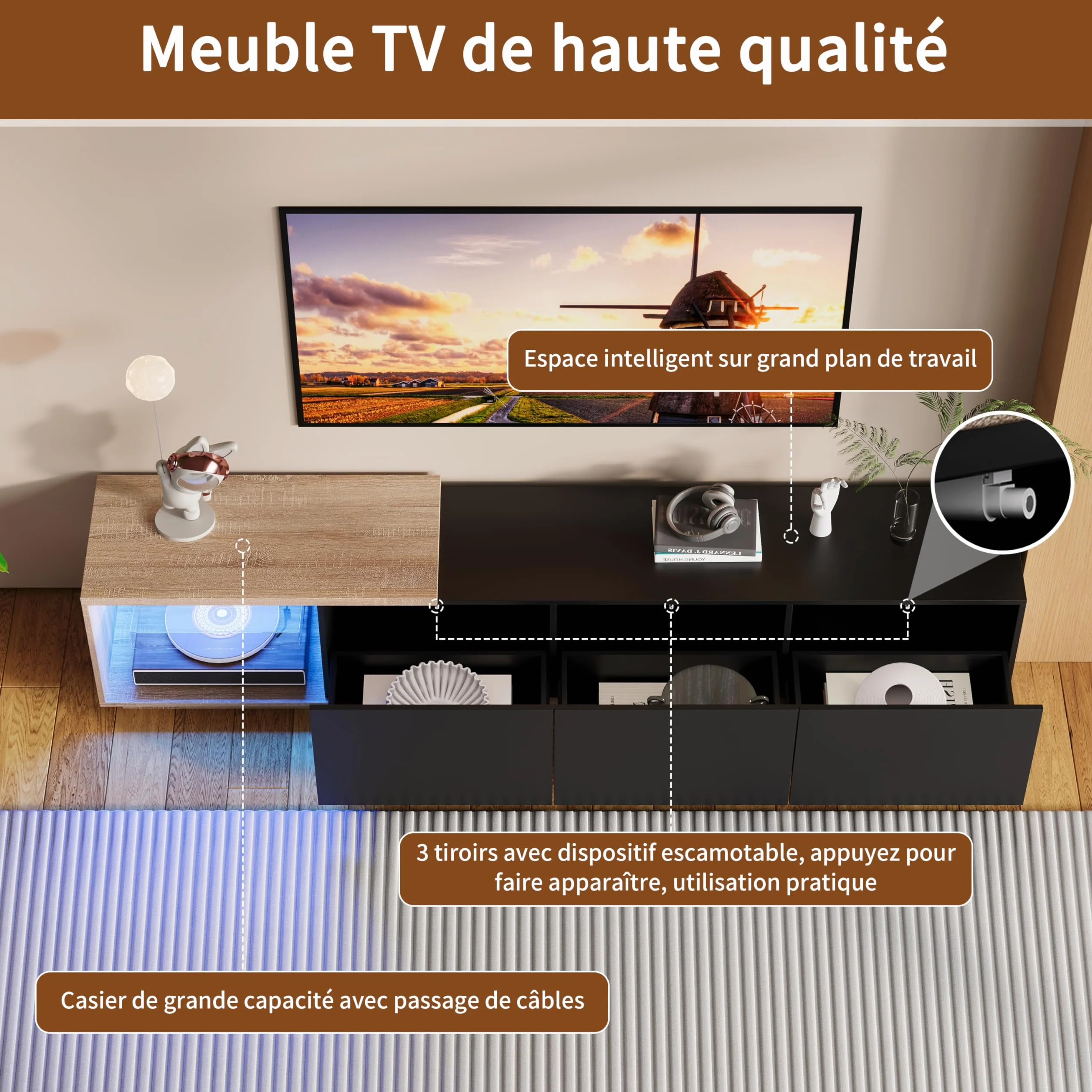 Szafka pod telewizor 160-240 cm z LED i 3 szufladami