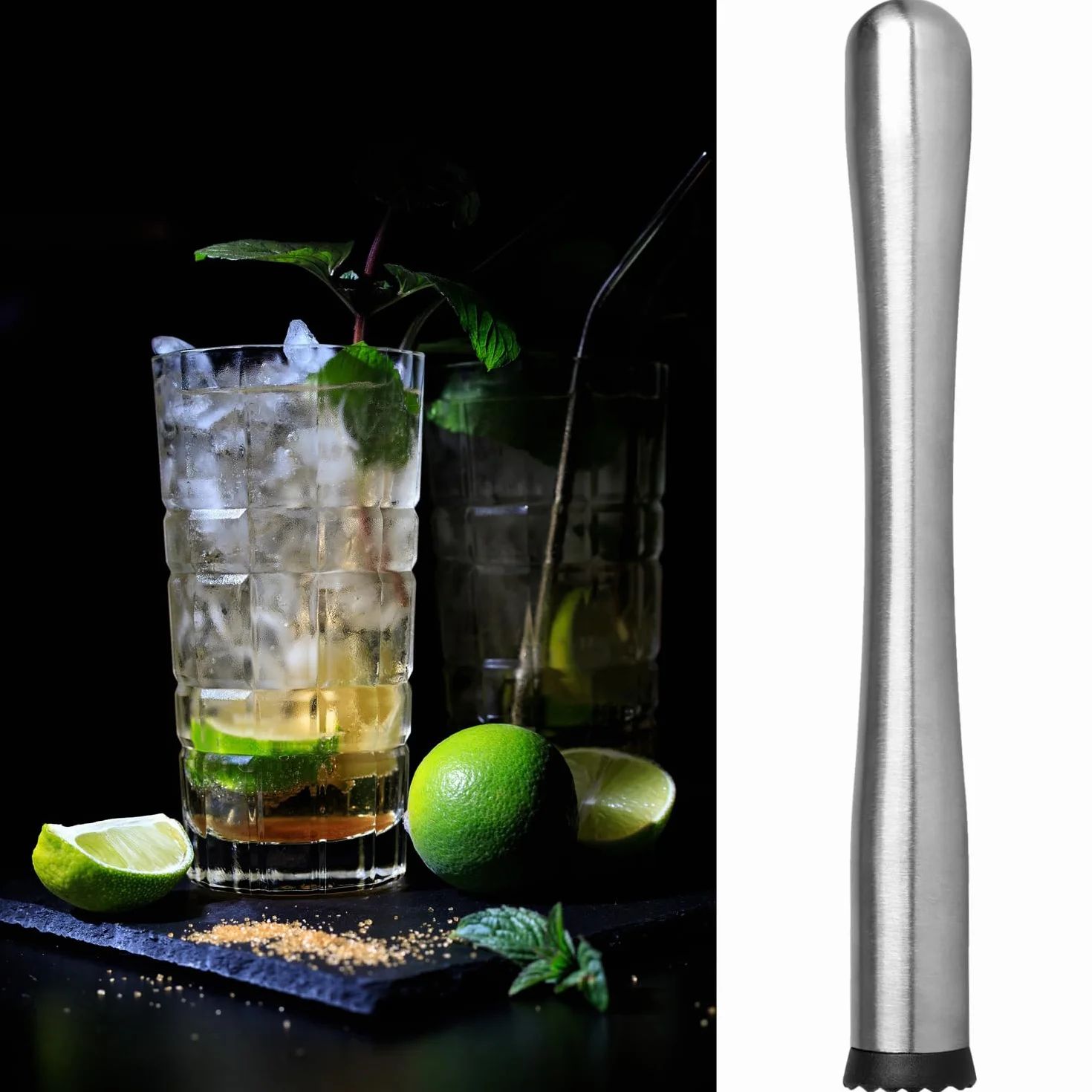 Cocktail Muddler - Kruszarka do lodu ze stali nierdzewnej - Kruszarka do lodu - Zaprawa koktajlowa z plastikowa glówka - Wyciskacz do wapna - Akcesoria barowe (1 sztuka - tluczek)