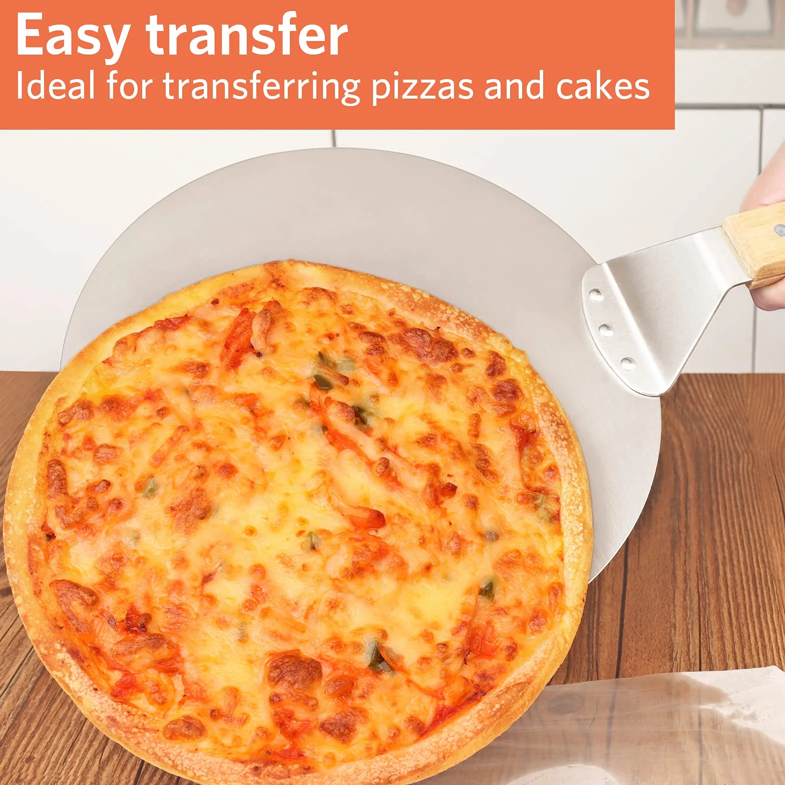 Asdirne Łopata do Pizzy 10 cali, okrągła paleta ze stali nierdzewnej z drewnianym uchwytem