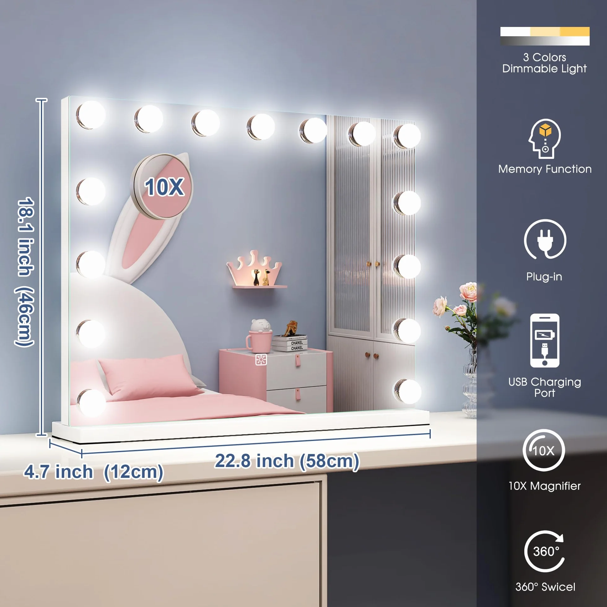 Lustro do Makijażu Hollywood z Oświetleniem 58x46 cm 10x Lupa USB 3 Tryby Świecenia 15 Diod LED