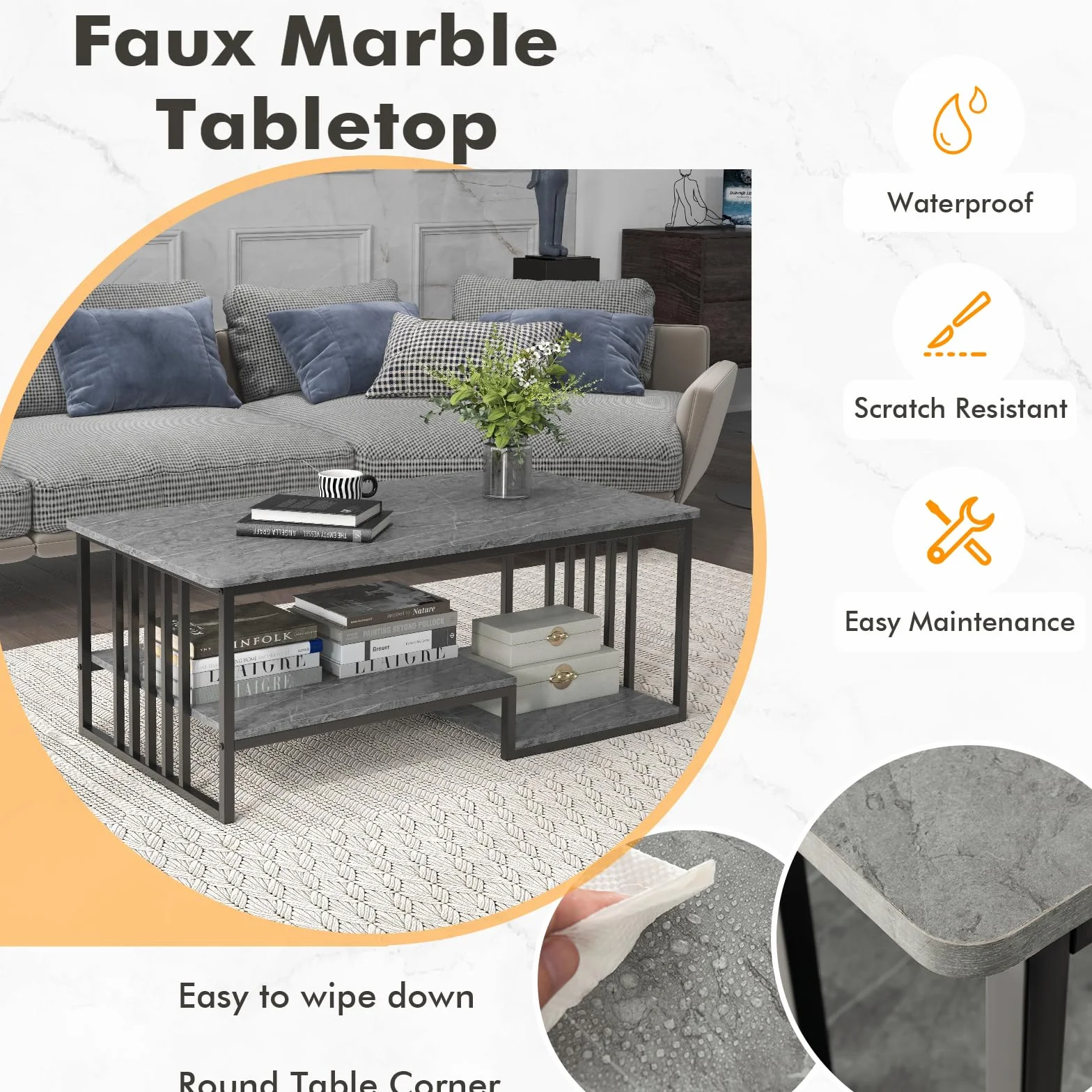LIFEZEAL Stół Centrum Salonowe, z efektem marmuru, niski stół sofa, Drewno+metal, nowoczesny, otwarty stojak, 110 x 60 x 45 cm