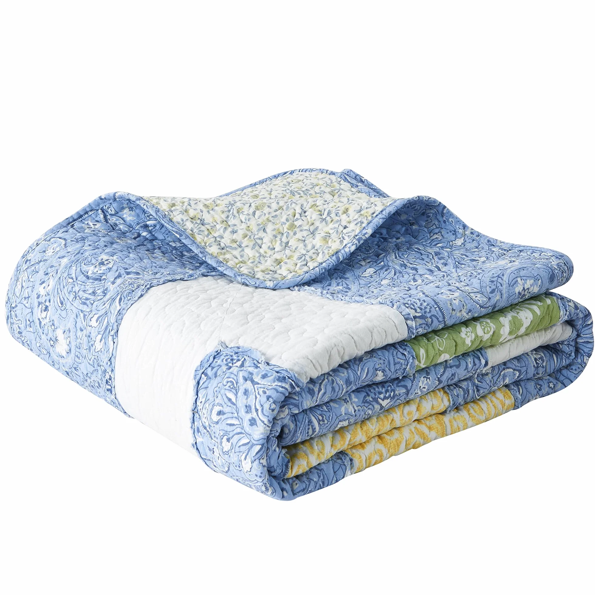 Cozyholy Oryginalna 100% Bawełniana Patchworkowa Kołdra Podwójna Niebieska Paisley Kwiatowa Narzuta Dwustronna Vintage Shabby Chic Pikowana na Kanapę Sofę