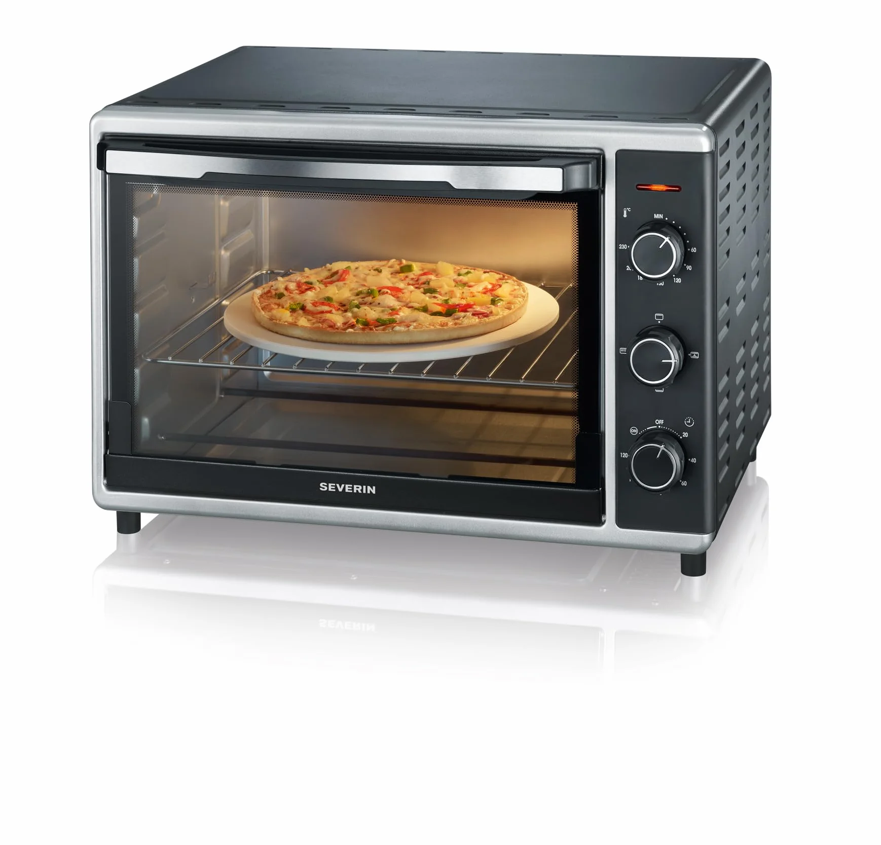 SEVERIN Piec do pieczenia i tostów z funkcją termoobiegu, mini piekarnik z rusztem do grillowania, blachą do pieczenia, rożnem obrotowym i kamieniem do pizzy, uniwersalny piec na gorące powietrze o