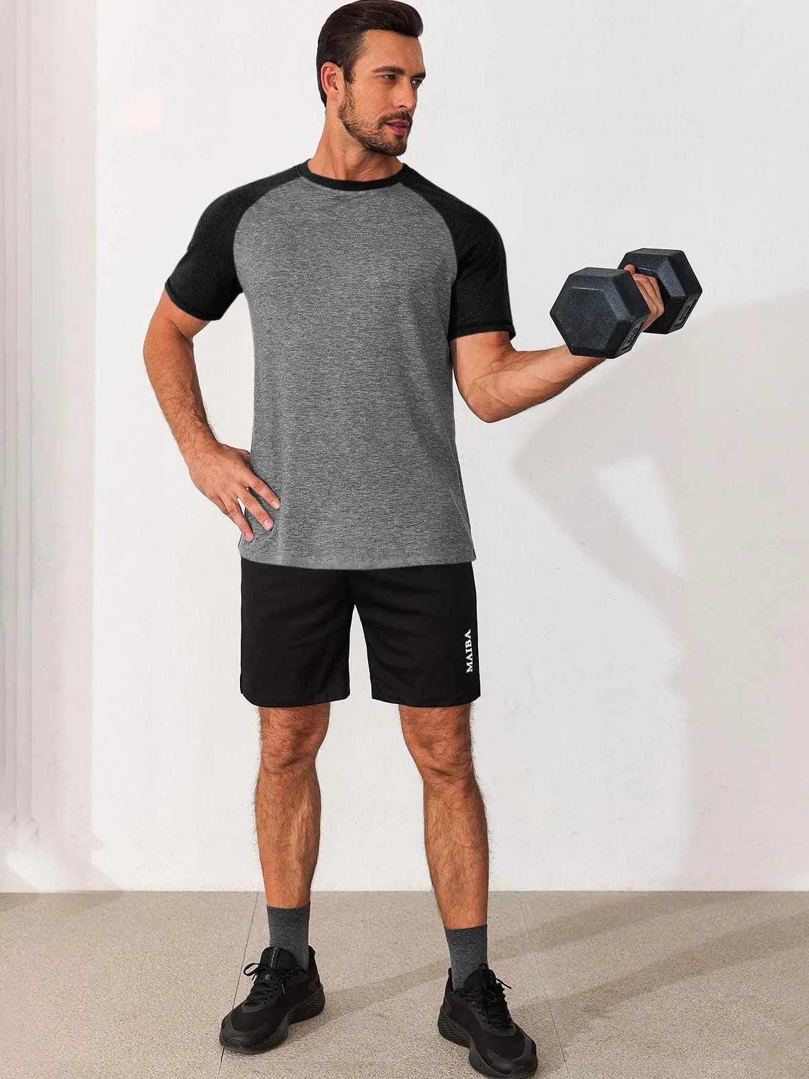 Runcati Męski T-shirt z krótkim rękawem, krój slim fit, koszulka męska na lato, okrągły dekolt, rękawy raglanowe, koszulka sportowa, blok kolorów, na siłownię, do fitnessu, na co dzień