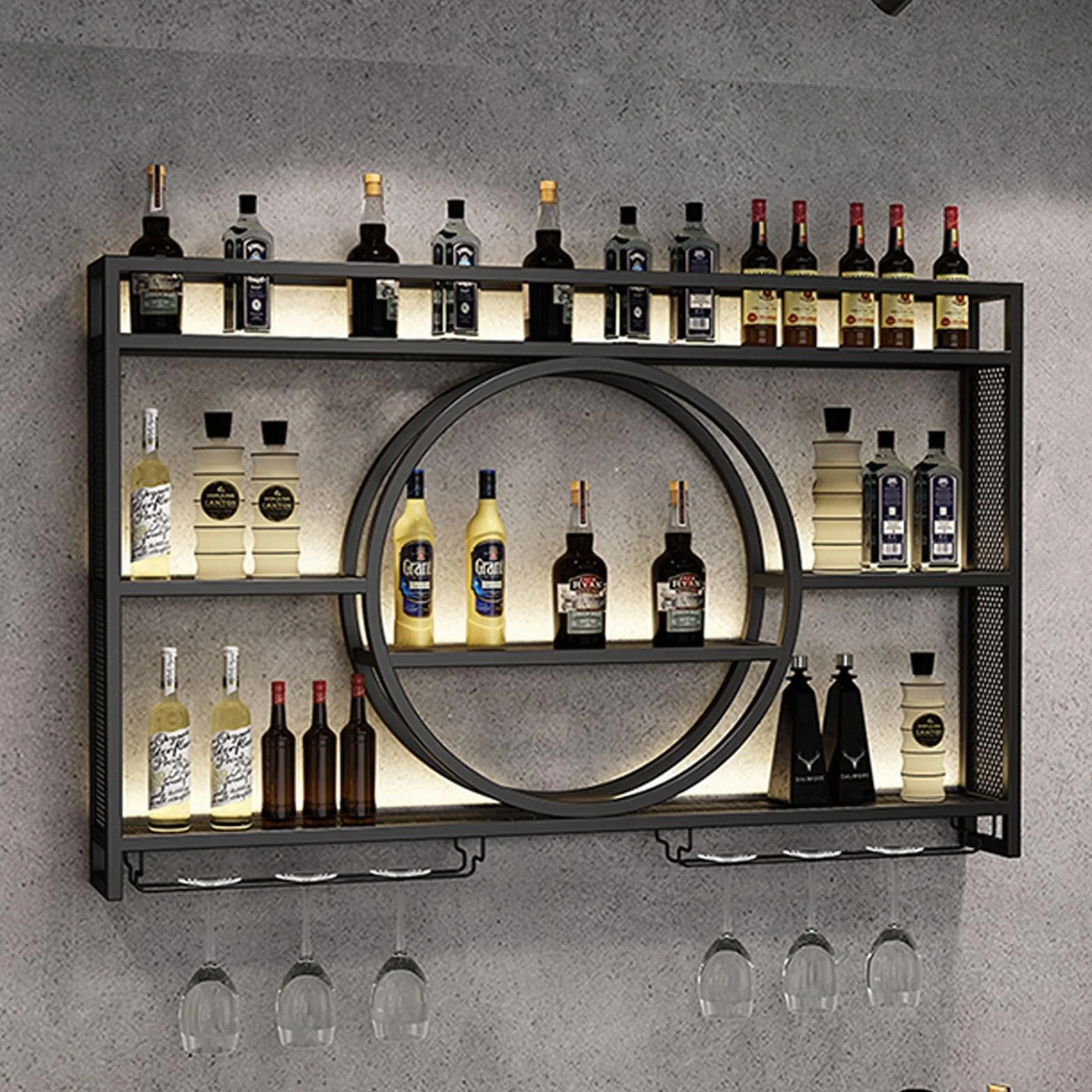 Metal Floating Wall Wine Shelf with LED Light and Wine Glass Holder