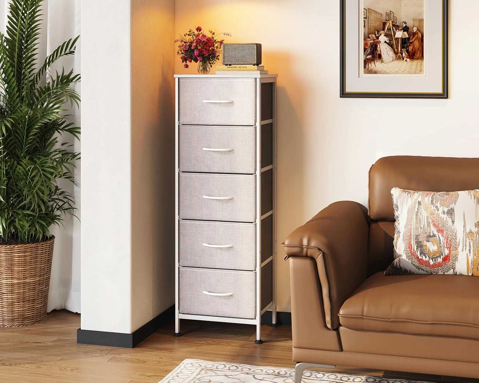 Coleshome Komoda do sypialni z 5 szufladami tkanina jasnoszara