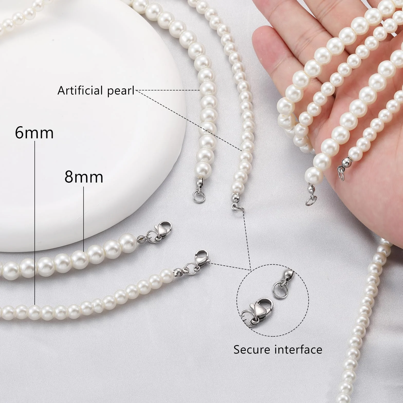 RWQIAN Naszyjnik z perłami dla mężczyzn i kobiet, 6 mm/8 mm, biały, sztuczny łańcuszek z koralików, sztuczny naszyjnik, 40–60 cm