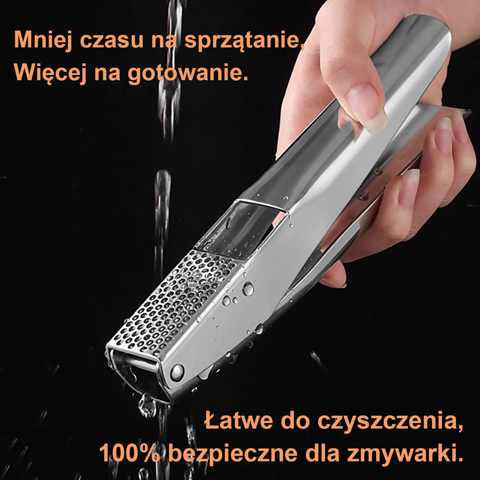 Praska do czosnku ze stali nierdzewnej 304, ergonomiczne uchwyty, komora 5 cm, można myć w zmywarce