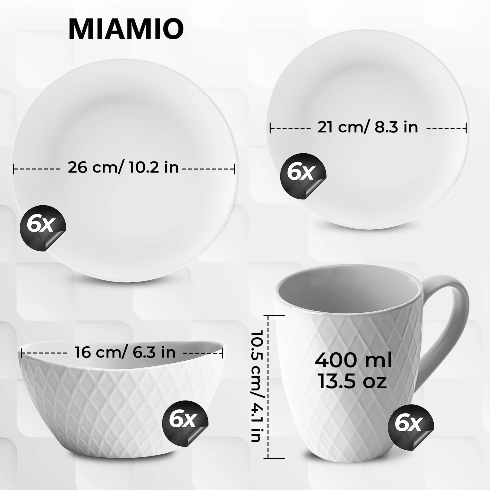 MIAMIO - 24-częściowy serwis stołowy z kamionki ceramicznej, zestaw naczyń, serwis kombinowany dla 6 osób - Naczynia odporne na zmywarkę i kuchenkę mikrofalową - Kolekcja Palmanova (Biały)