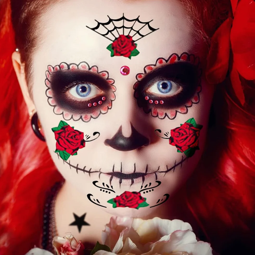 Halloween Naklejka i Tatuaż Twarzy - Tymczasowe Tatuaże z Trupią Czaszką, Kwiatowe, Błyszczące Kamyczki na Usta - Na Karnawał, Maskaradę