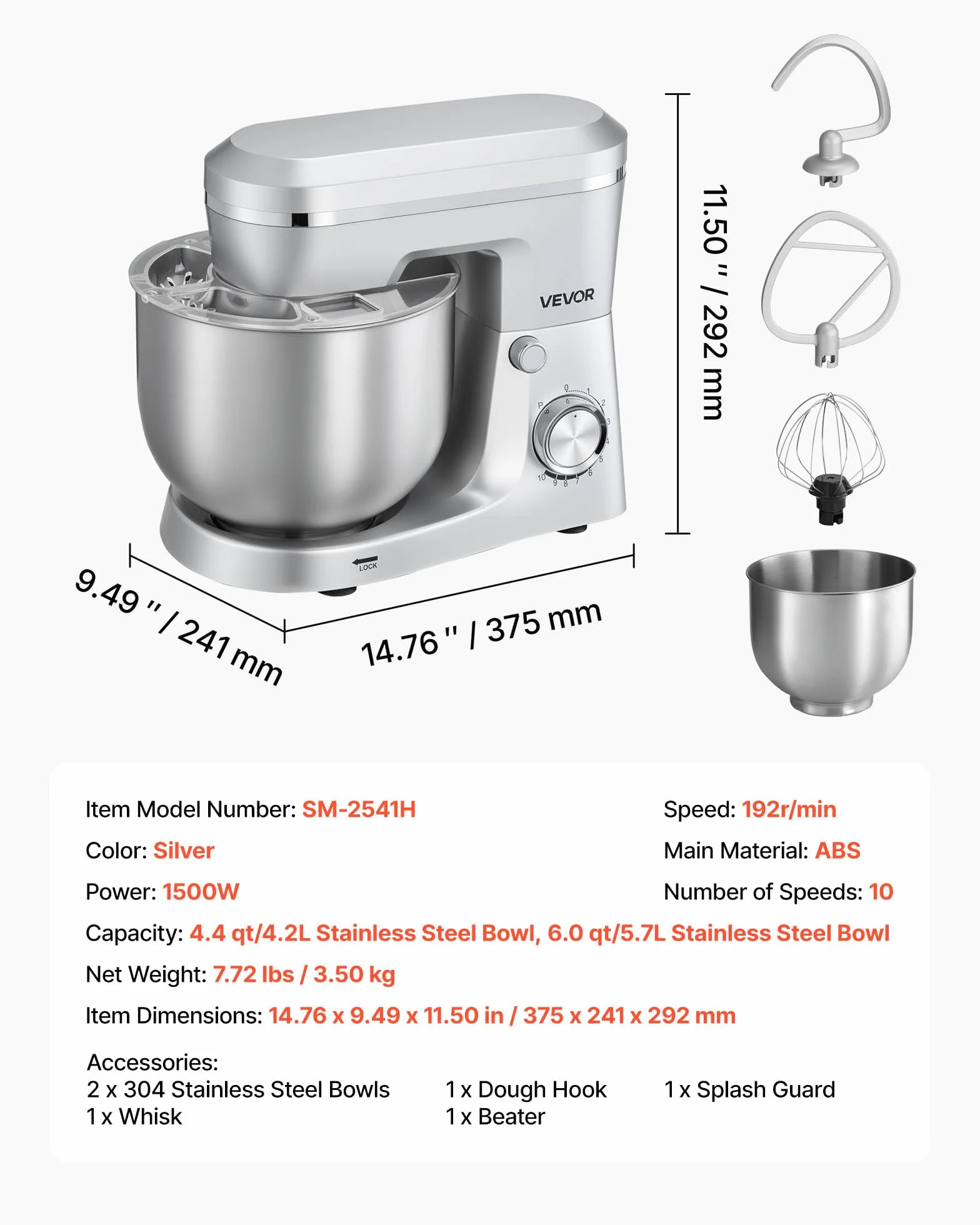 VEVOR Blender stojący 1500 W, miski ze stali nierdzewnej 4,2 + 5,7 l, 10-biegowy, srebrny