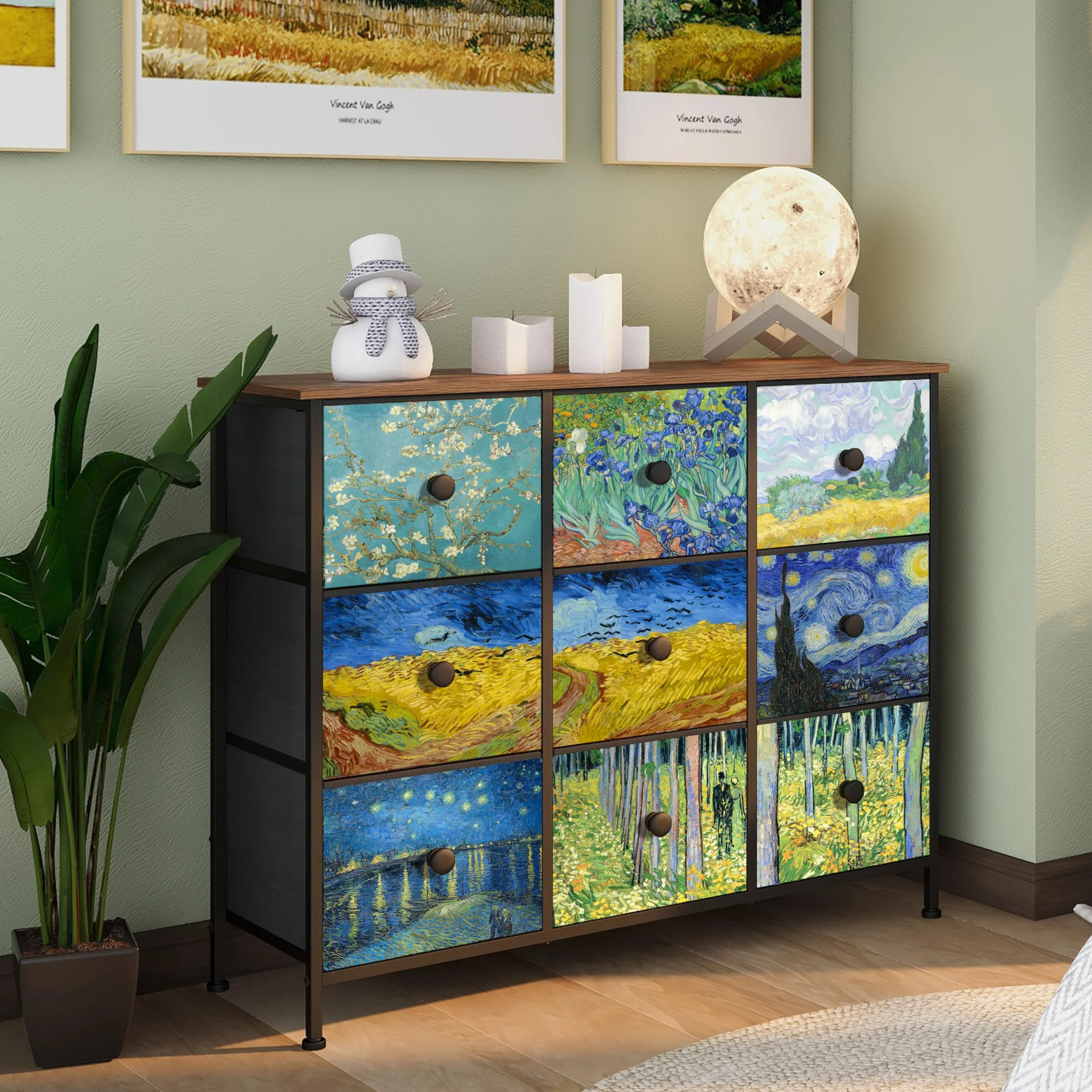 VEDECASA Van Gogh komoda z szufladami, 9 szuflad z materiału, z uchwytami, do szafy, salonu, pokoju dziecięcego, metalowa rama, płyta drewniana, komoda z materiału