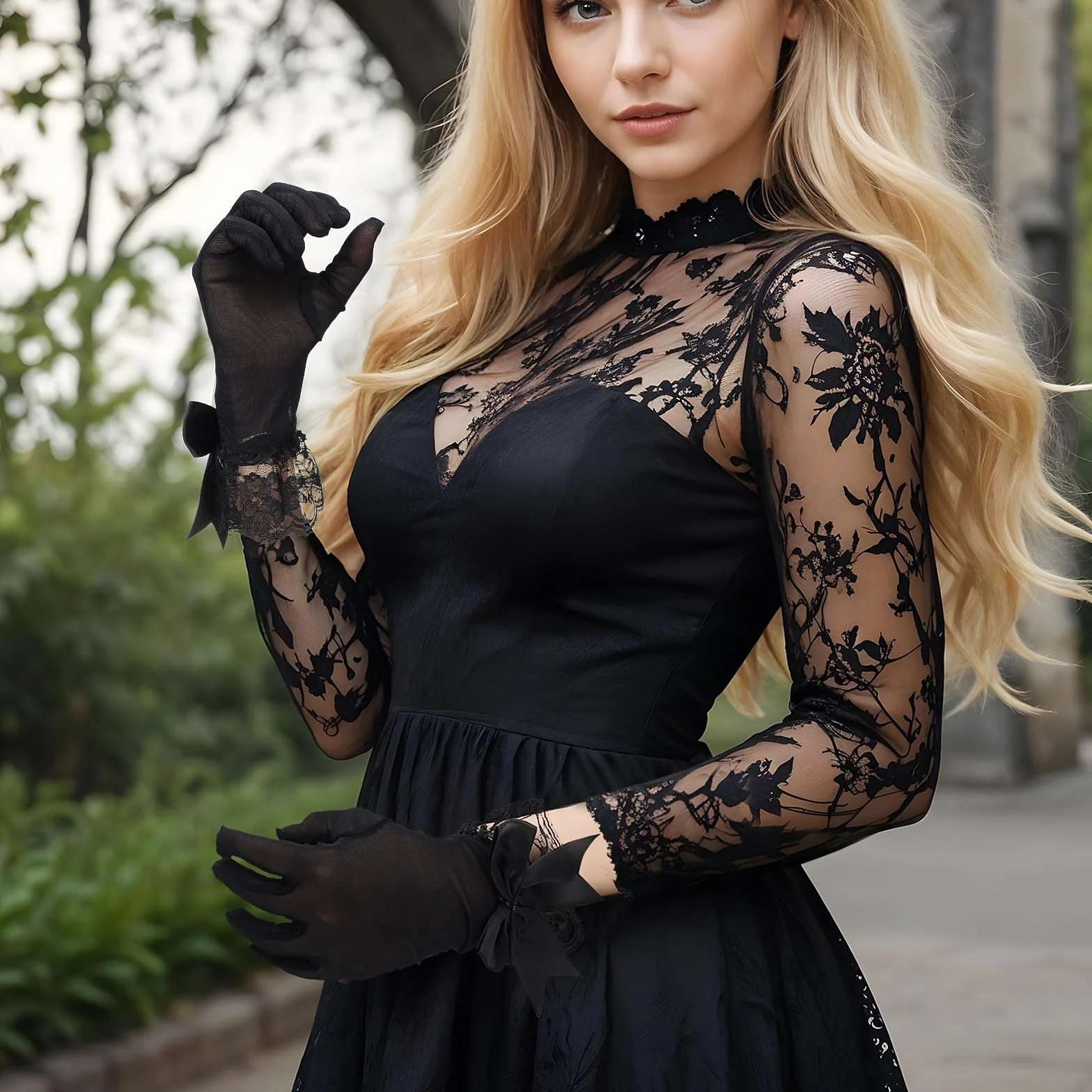 Yuanchu Damskie rękawiczki siatkowe z kokardką, przycięte koronkowe rękawiczki, czarne rękawiczki, eleganckie rękawiczki ślubne, etykieta, akcesoria do rąk, na Boże Narodzenie, ślub, imprezę