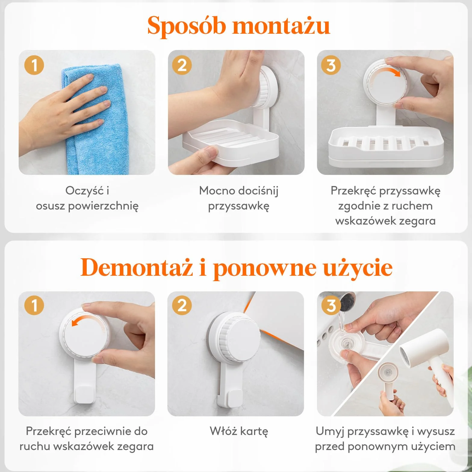 Lifewit Mydelniczka z przyssawką do prysznica z odpływem, plastikowa, zdejmowany uchwyt na mydło, montaż na ścianie
