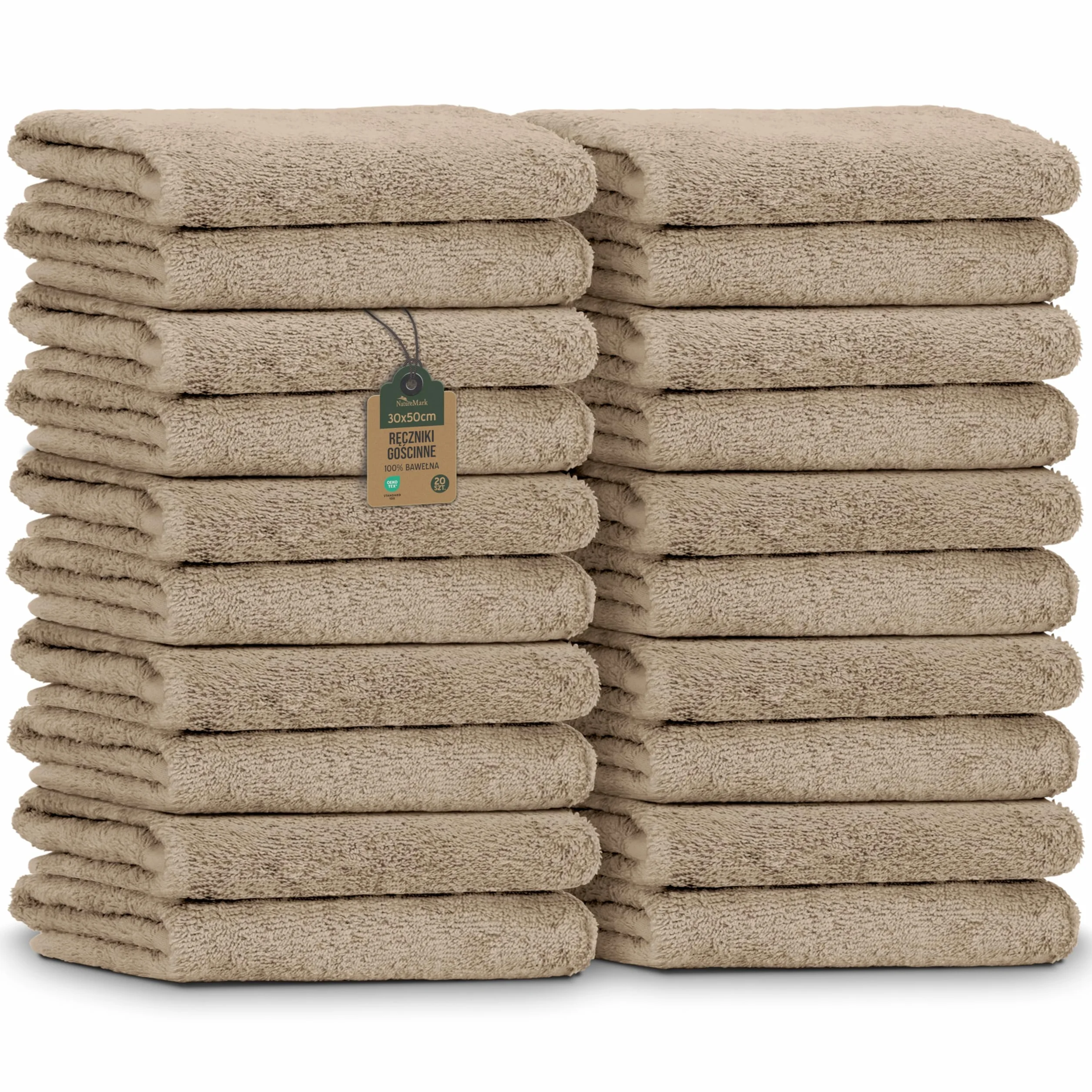 NatureMark Ręczniki Gościnne – Zestaw 20 szt. (30x50 cm), 100% bawełna, certyfikat OEKO-TEX, miękkie, chłonne i łatwe w pielęgnacji – Do łazienki, gości i spa – Piaskowo/Beżowe