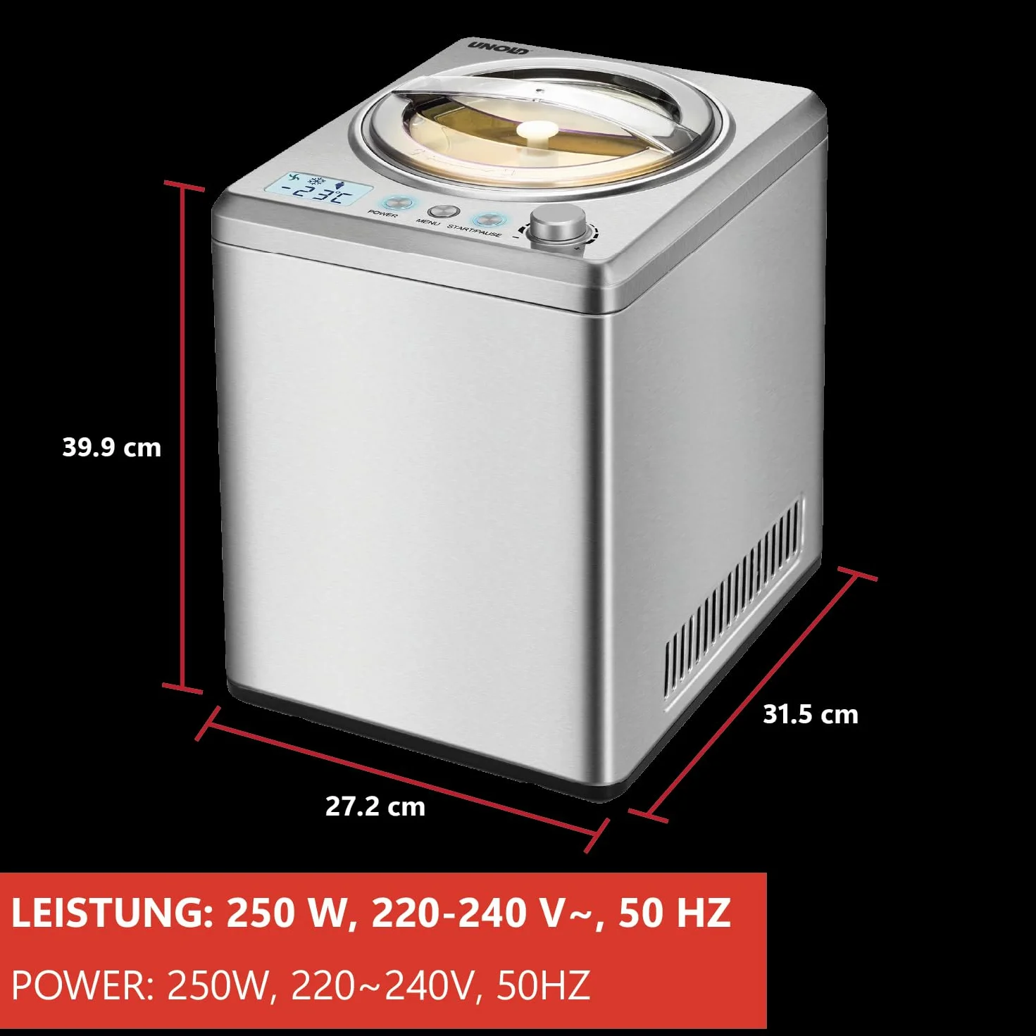 Unold 48880 Maszyna do lodów Profi Plus, 2,5 l, stal nierdzewna, w pełni automatyczna, sprężarka samochłodząca, wyświetlacz LCD, timer, również do lodów wegańskich, bezlaktozowych i zawierających stewię