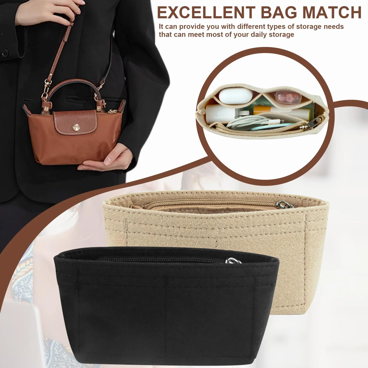 2 x organizer na mini torebki, kompatybilny z Longchamp, z wieloma kieszeniami, czarny i beżowy, 17 x 5 x 8 cm
