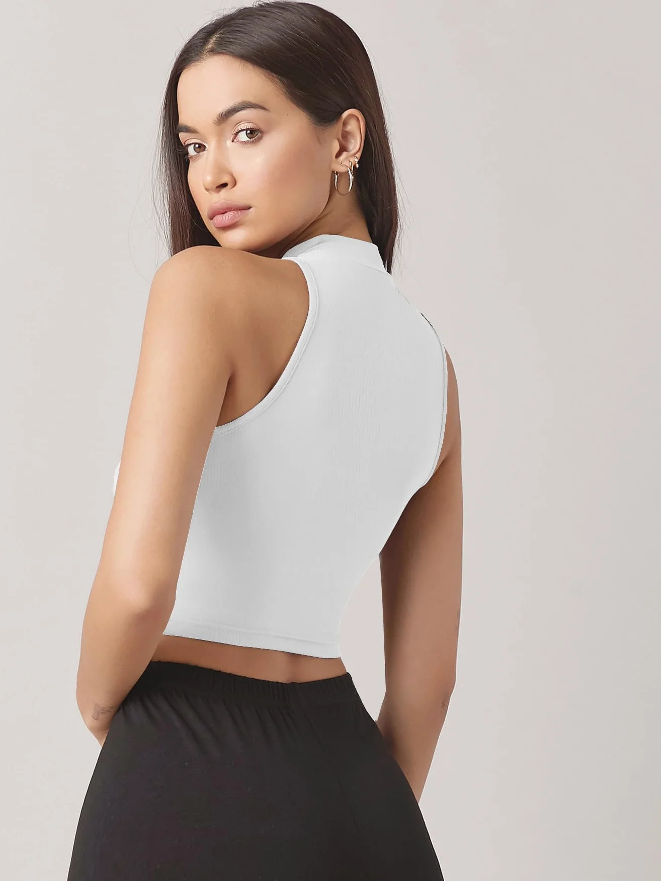 Sugathari Damski dziewczęcy top z wysokim dekoltem, prążkowany, Crop Tank Top (Top 37)