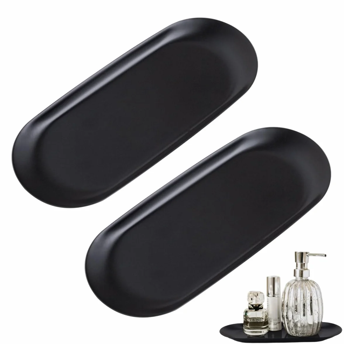 2 sztuki tac dekoracyjnych, czarna, 23 × 9,5 cm, ze stali nierdzewnej, tacka do serwowania, czarna, owalna, czarna, miska na biżuterię, taca na świece, taca na kosmetyki, taca dekoracyjna na desery,