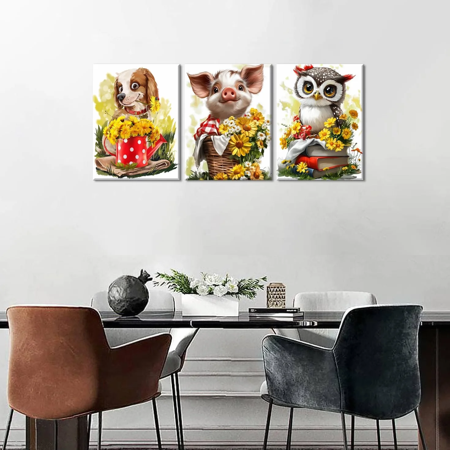 Piy Painting Sztuka ścienna na płótnie, świnka, uroczy pies z kwiatami, obrazy plakat i wydruki, dekoracje ścienne na płótnie do salonu łazienki, 30 x 40 cm, 3 sztuki, wbudowana drewniana rama