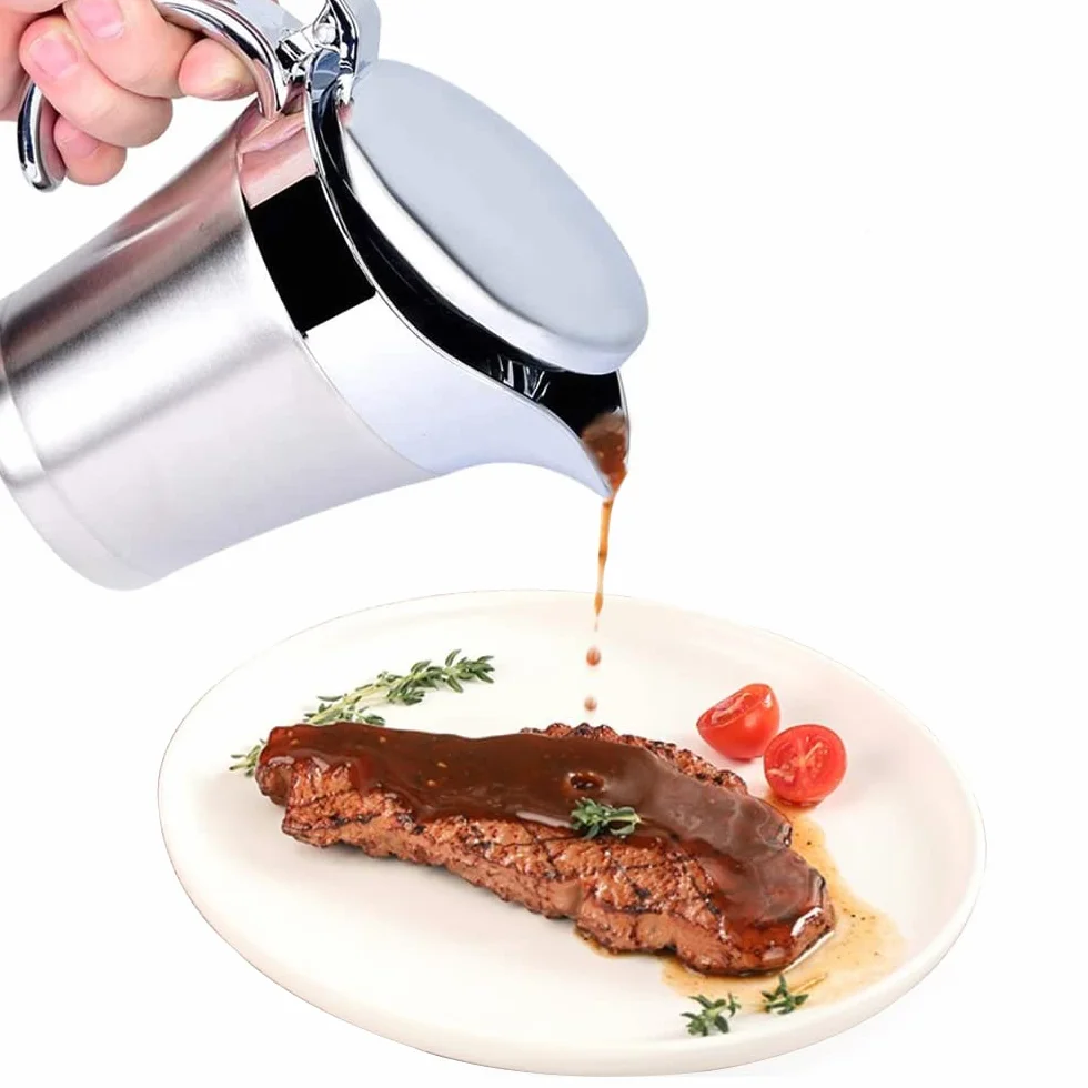 Sosownica 500 ml dzbanek na sos ze stali nierdzewnej dzbanek do serwowania dzbanek termiczny z podwójną ścianką garnek do sosu na sos termos dzbanek izolowany dzbanek na sos z pokrywką do sosu, kremu, sosu (500 ml)