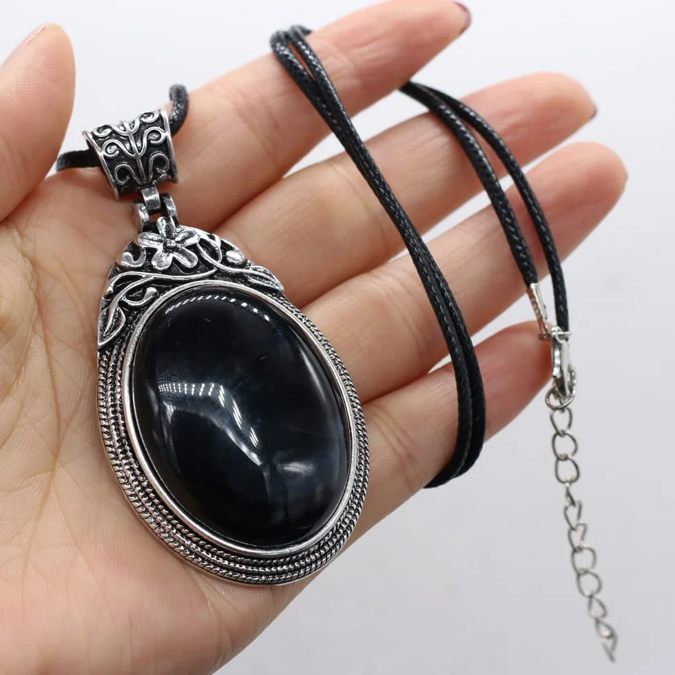 Charms naszyjnik z muszli Abalone naturalny klejnot kamień różany różowy wisiorek kwarcowy etniczne szykowne naszyjniki dla kobiet biżuteria (Size : 55cm, Color : Black Agate)