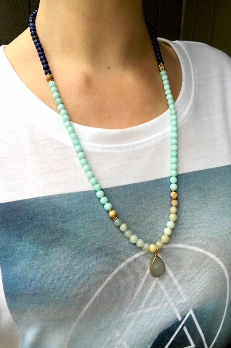 Naturalny amazonit i lapis lazuli 8 mm 108 koralików mala, duchowe, koraliki medytacyjne, Reiki, Japa Mala, buddyjskie koraliki modlitewne, bransoletka do jogi, koraliki lecznicze
