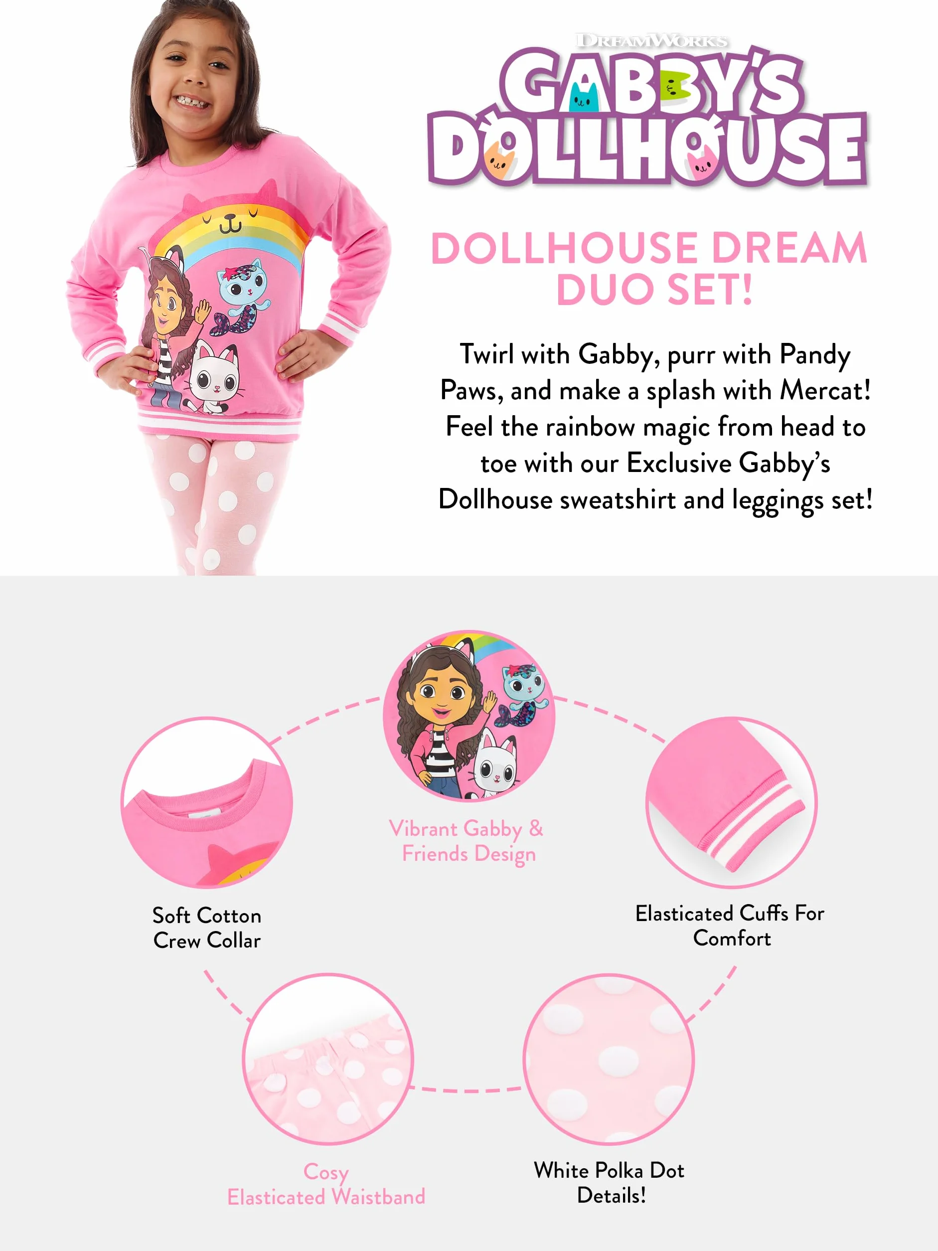 Zestaw bluzy i legginsów dla dziewczynek DREAMWORKS GABBY'S DOLLHOUSE | Zestaw Pandy Paws i Mercat | Stroje i zestawy ubrań dla dziewcząt | Wiek od 3 do 10 lat| Oficjalne towary Gabby