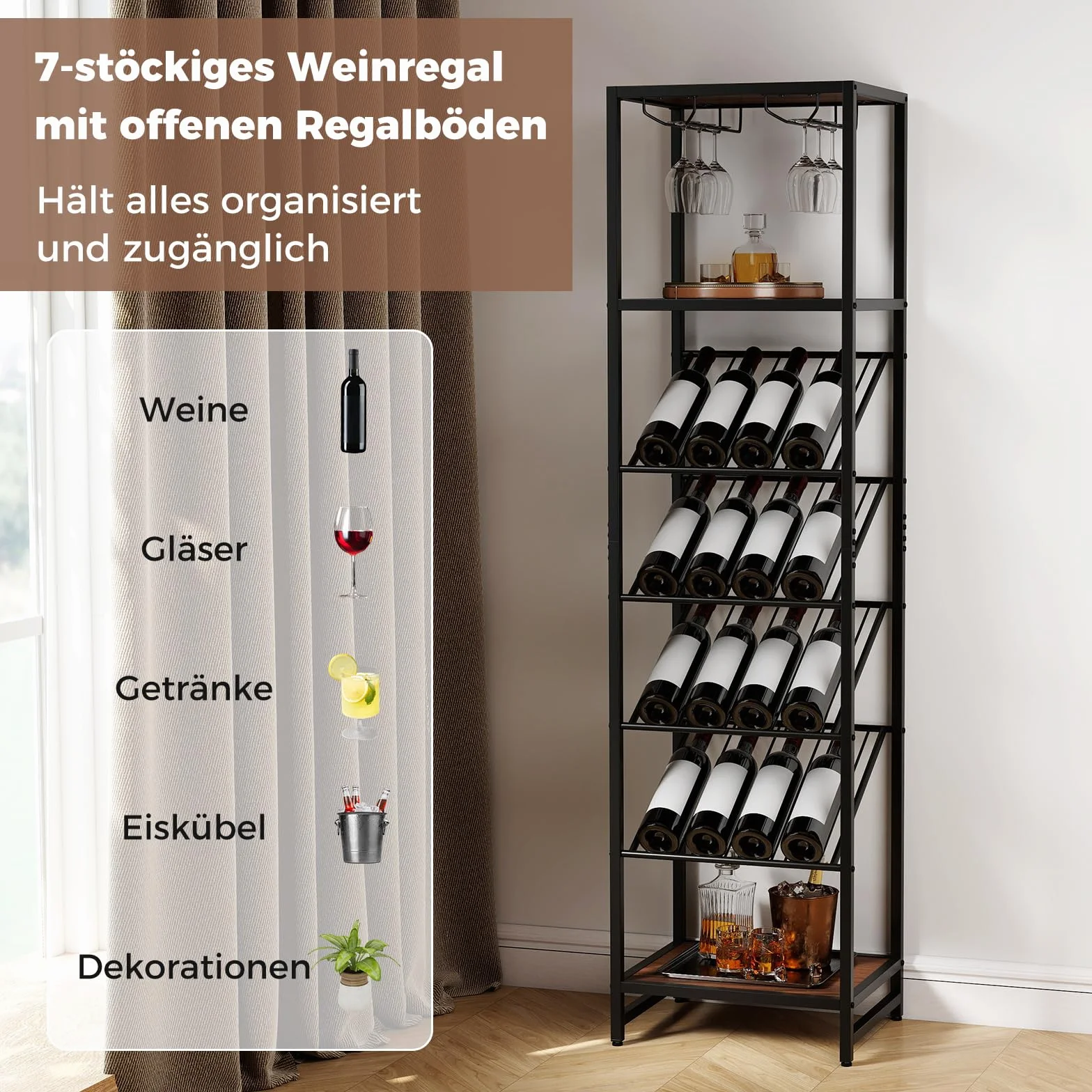 COSTWAY Regał na wino metalowy stojak na 16 butelek z uchwytami na szklanki czarny