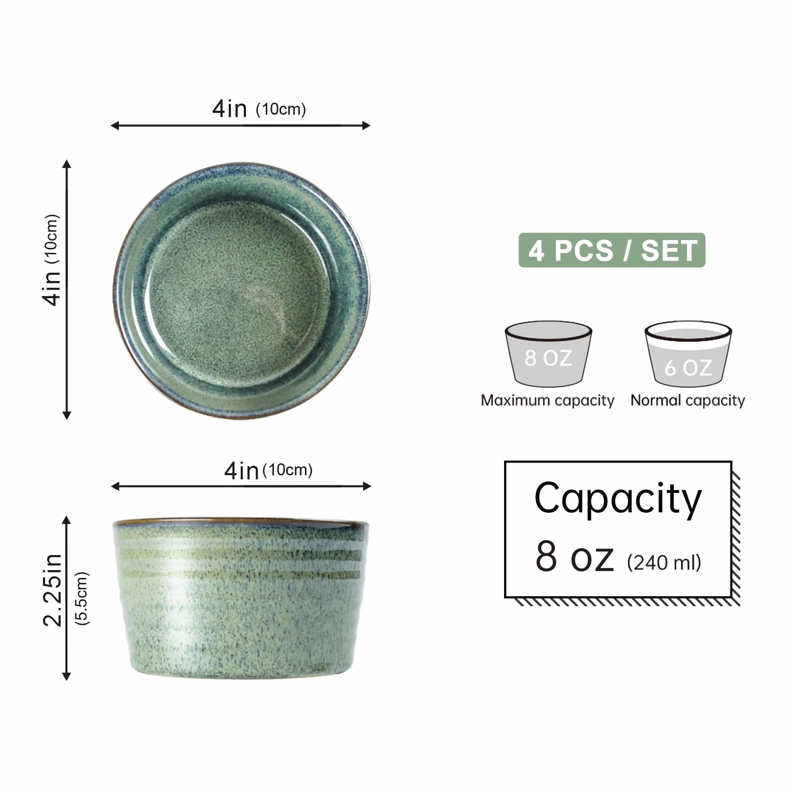 Foremki do ciasta Ramekin 4 x 240 ml Porcelana Szara Zielony do sufletu i muffinek