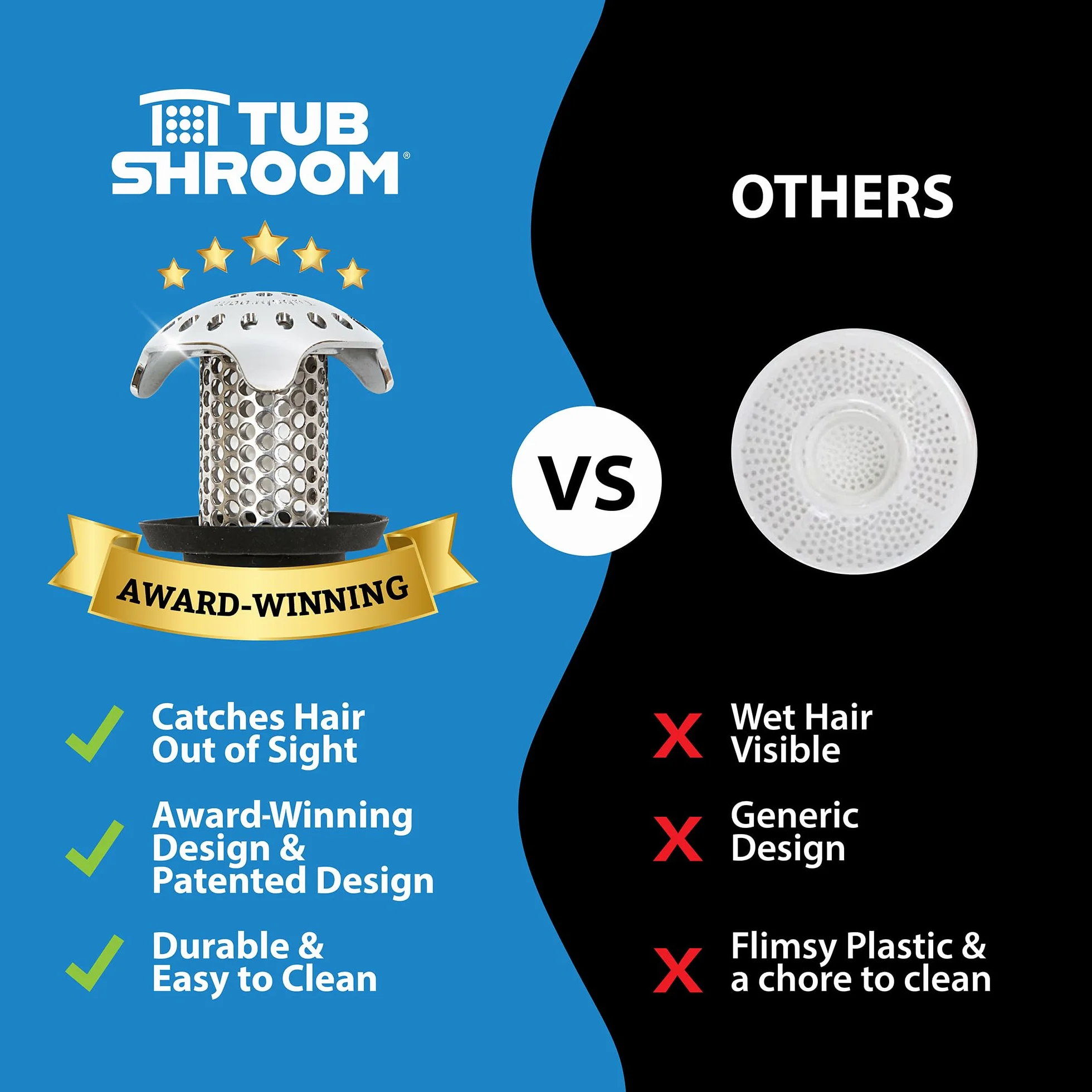 TubShroom Łapacz włosów do wanny ochraniacz na odpływ silikonowy stal nierdzewna standard
