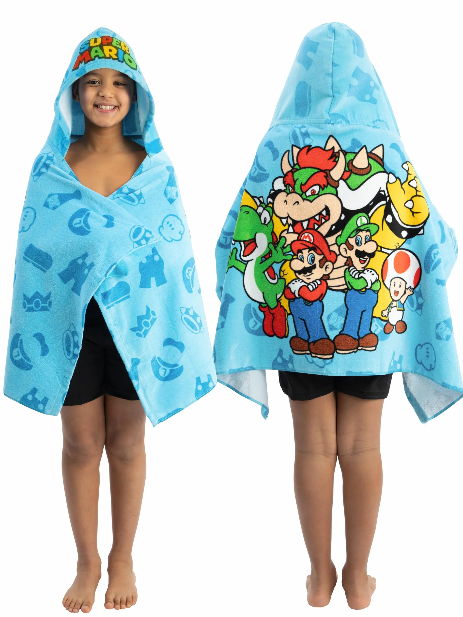 Super Mario Ręcznik Plażowy Dla Chłopców Z Kapturem, Niebieski One Size