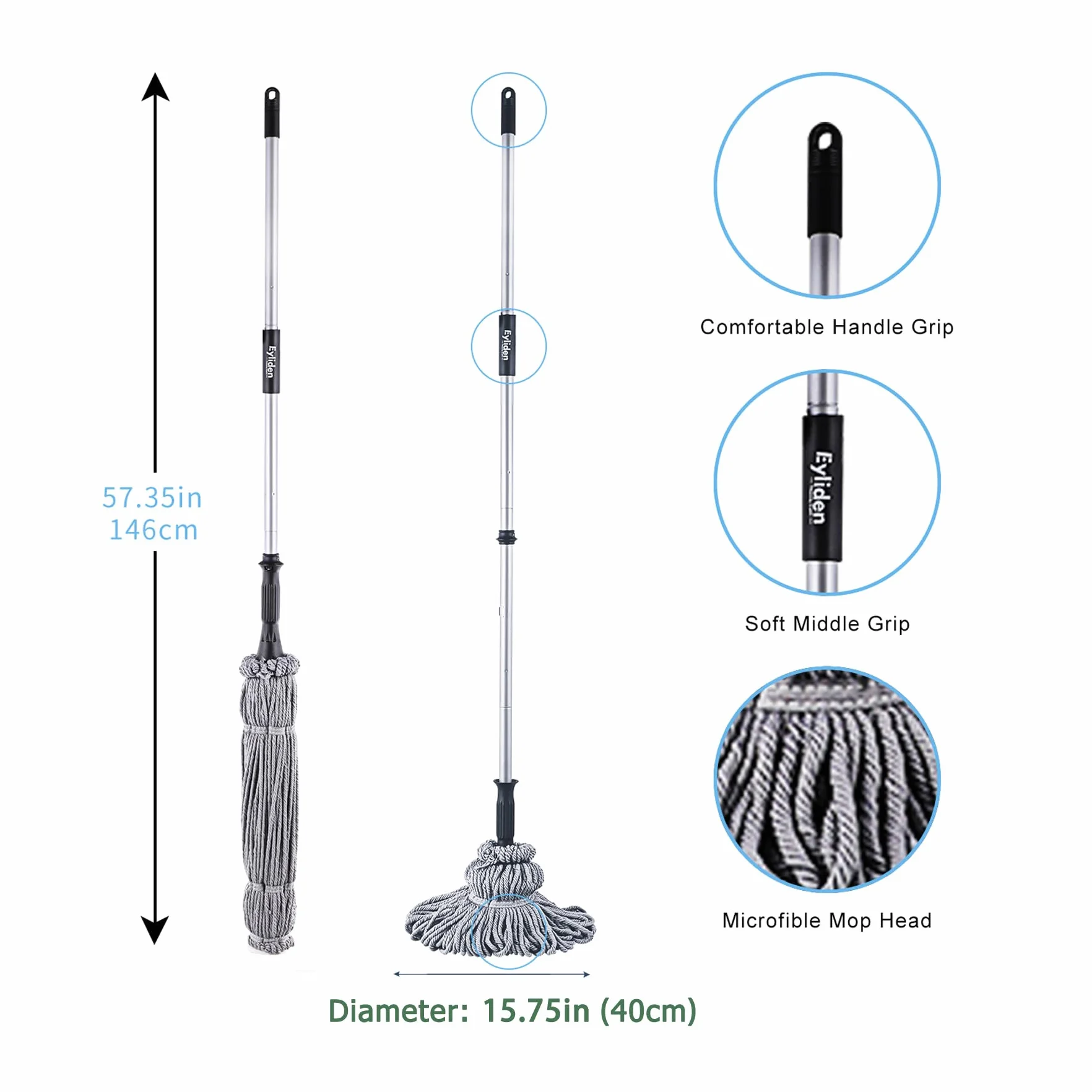 Eyliden Mop z 2 głowicami wielokrotnego użytku, łatwe wykręcanie, z uchwytem o długości 146 cm, mokre mopy do czyszczenia podłóg, komercyjnego domowego czyszczenia twardego drewna, winylu, płytek i