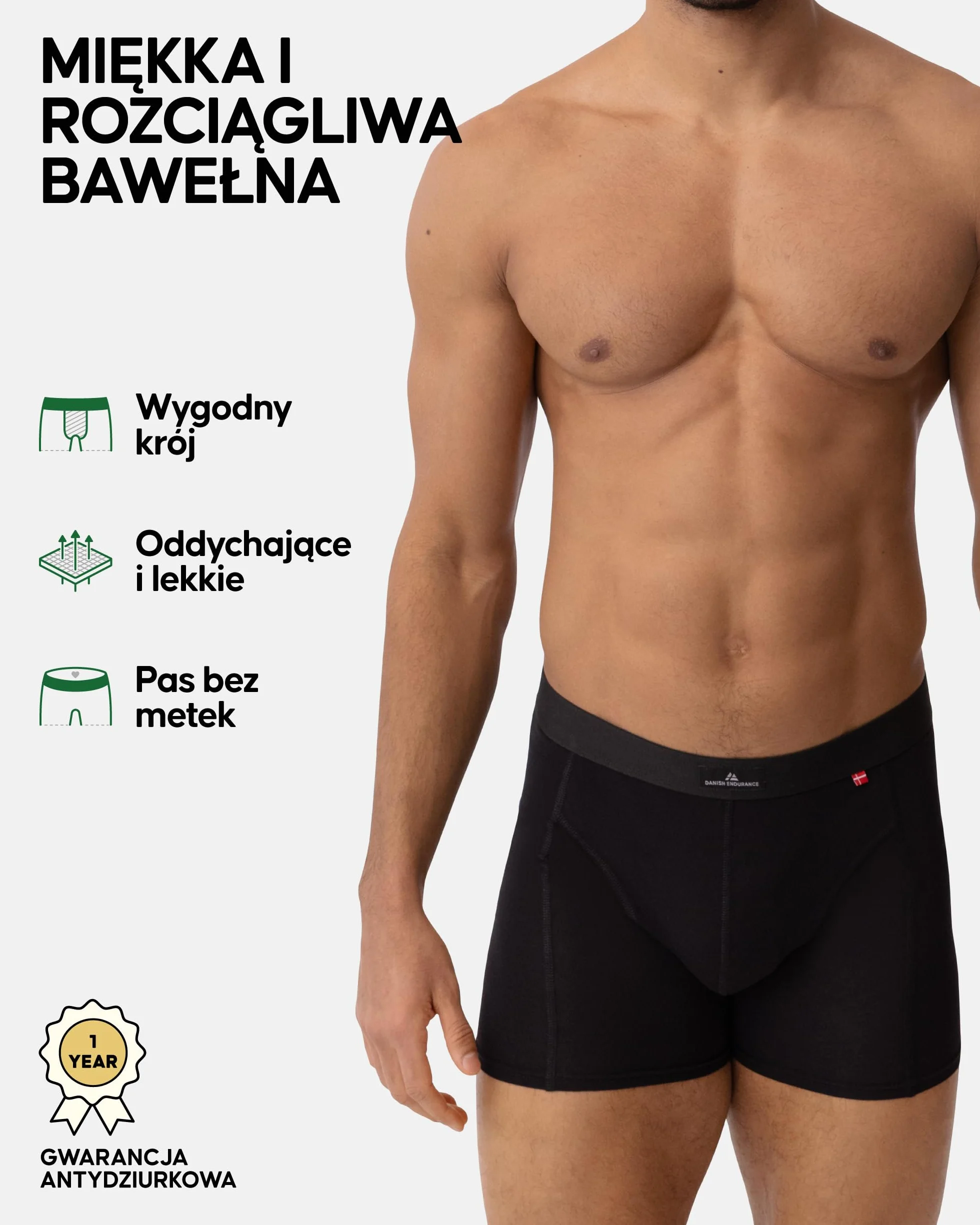 DANISH ENDURANCE Bokserki Męskie Bawełniane 95%, Wygodna Bielizna Premium, Gwarancja Antydziurkowa, 3-PACK