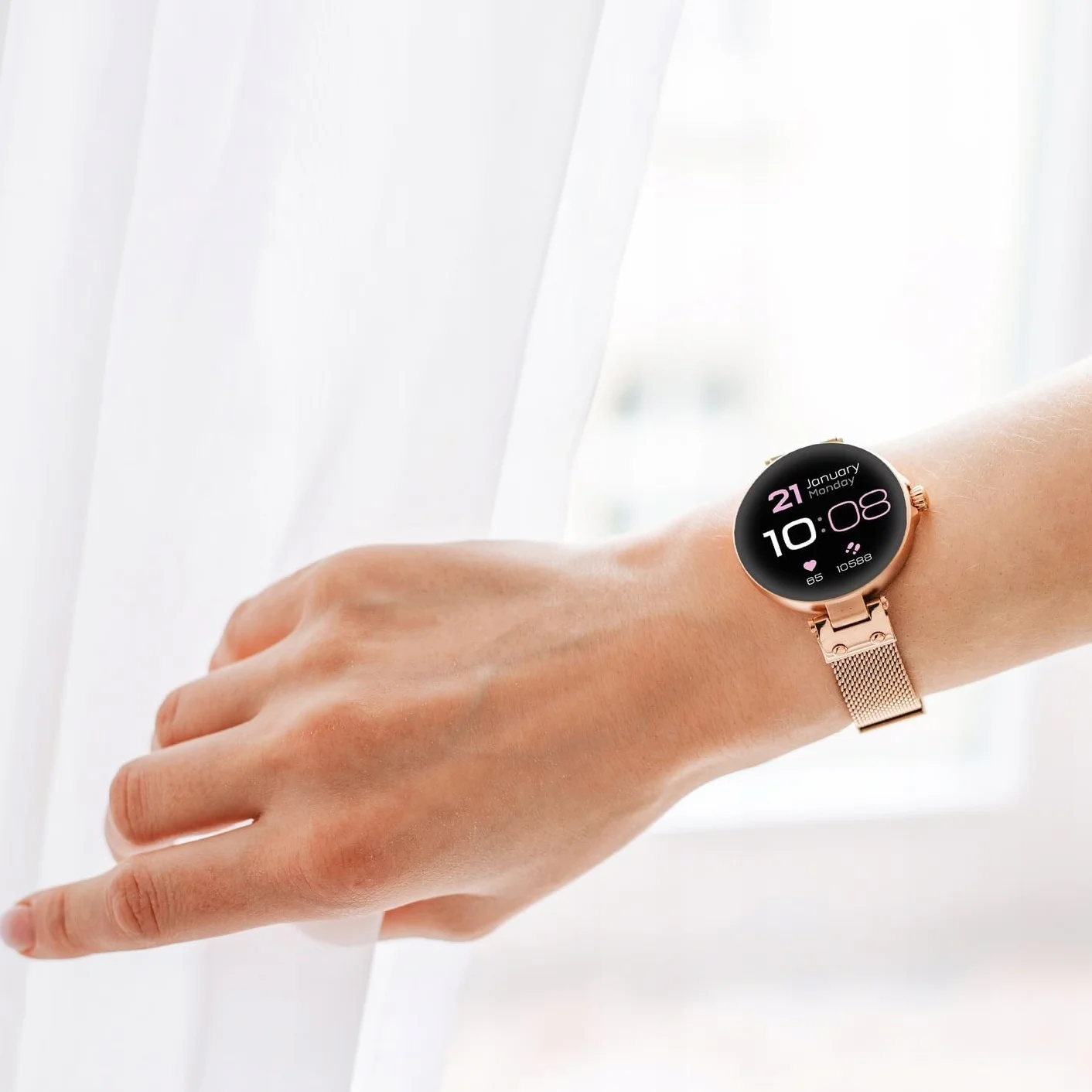 Forever Damski smartwatch ForeVive Petite SB-305 różowy, zegarek na rękę Bluetooth, sterowanie muzyką, krokomierz, pulsometr, wodoodporny IP68, elegancki zegarek fitness